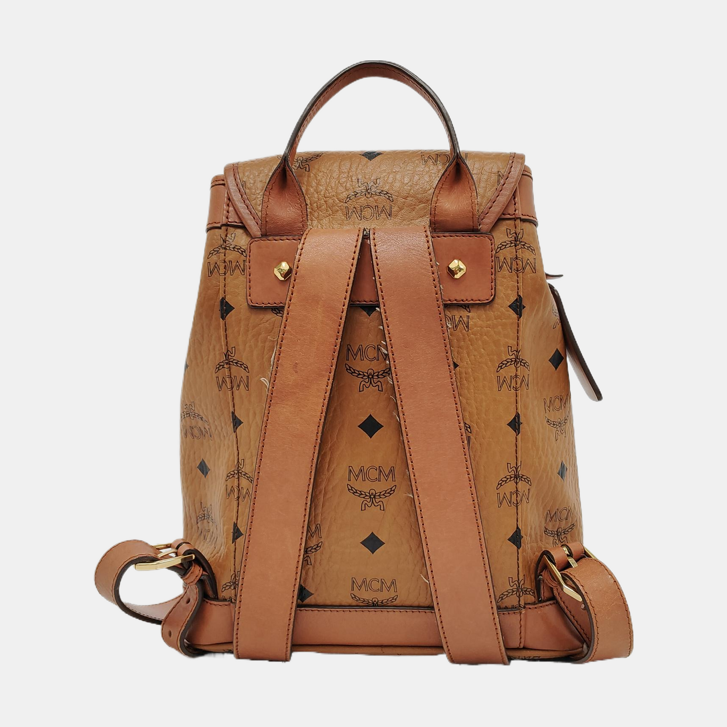 MCM Cognac Coated Canvas Monogrammed Backpack Golden hardware-(SKU)-951930001