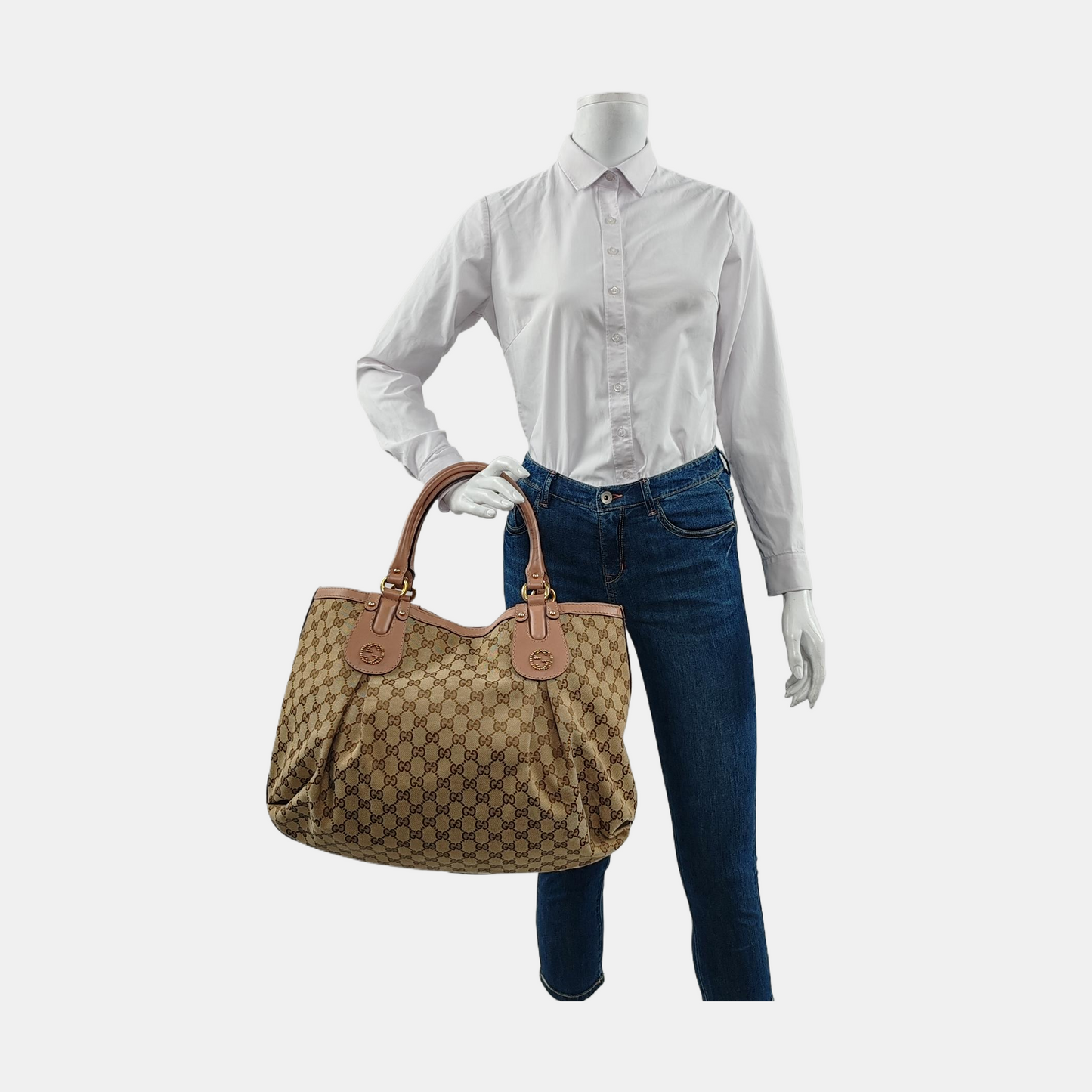GUCCI Sukey Khaki Canvas Monogram Tote Bag Single Shoulder Bag Golden hardware-(SKU)-951940083