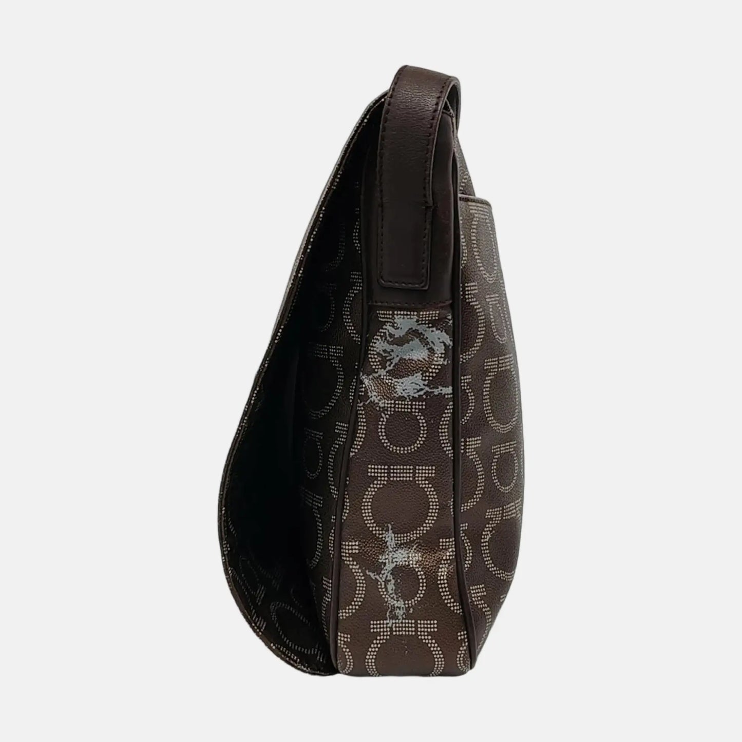 FERRAGAMO Dark Brown Coated Canvas Print Single Shoulder Bag Crossbody Bag Silver Hardware-(SKU)-952089727