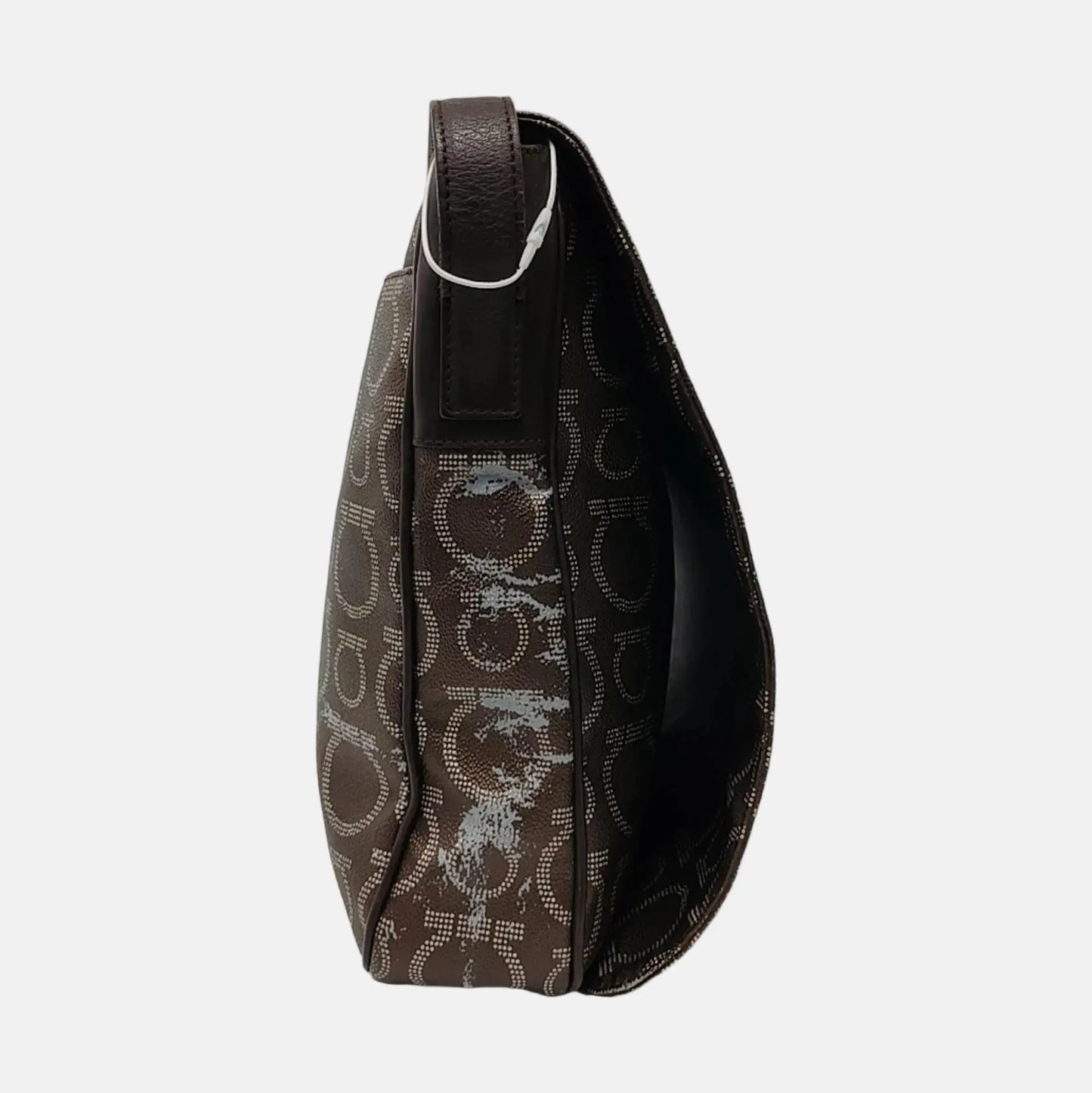FERRAGAMO Dark Brown Coated Canvas Print Single Shoulder Bag Crossbody Bag Silver Hardware-(SKU)-952089727