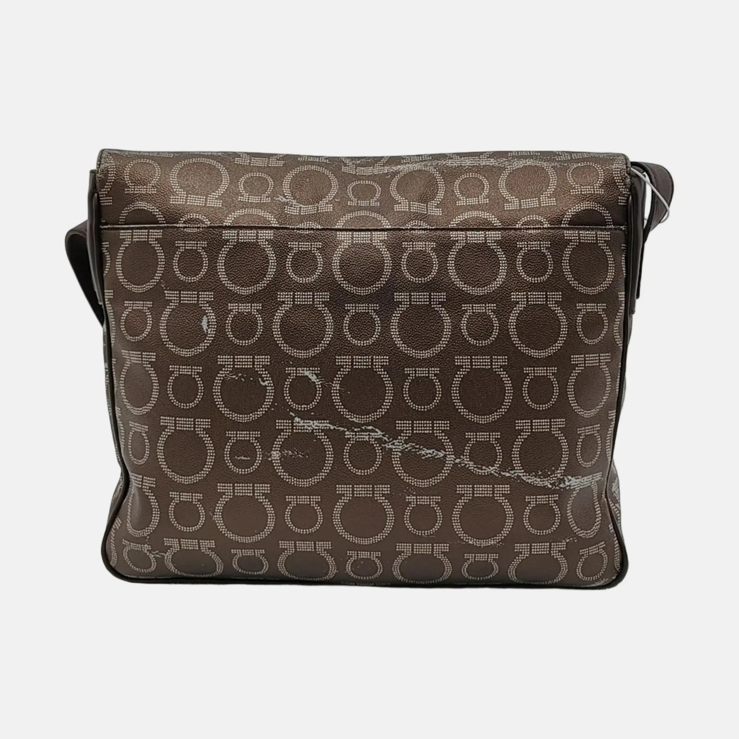 FERRAGAMO Dark Brown Coated Canvas Print Single Shoulder Bag Crossbody Bag Silver Hardware-(SKU)-952089727