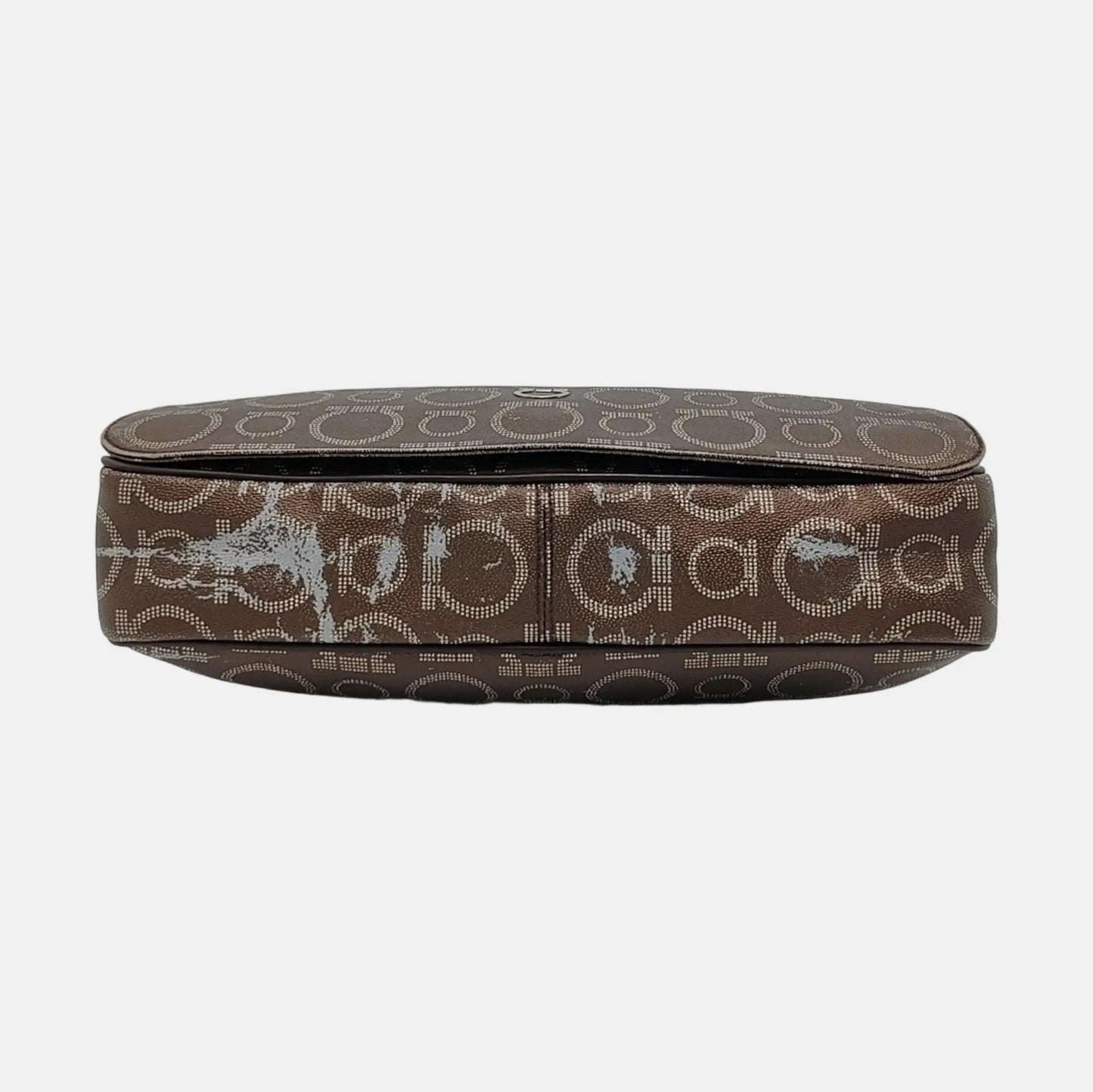 FERRAGAMO Dark Brown Coated Canvas Print Single Shoulder Bag Crossbody Bag Silver Hardware-(SKU)-952089727