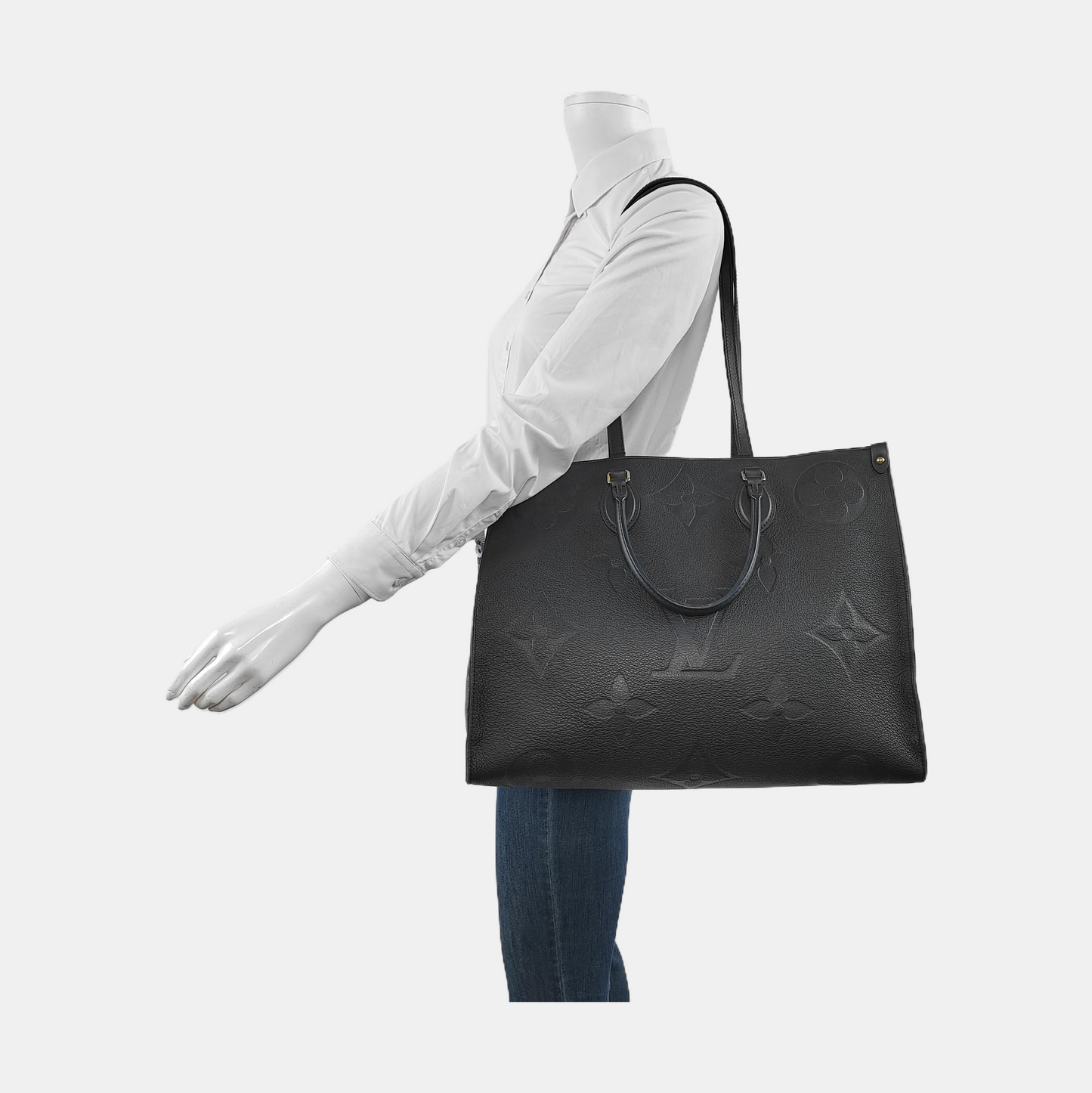 LOUIS VUITTON ONTHEGO Large Black Leather Monogram Embossed Jungle Bag Single Shoulder Bag Tote Bag Golden Hardware-(SKU)-952108425