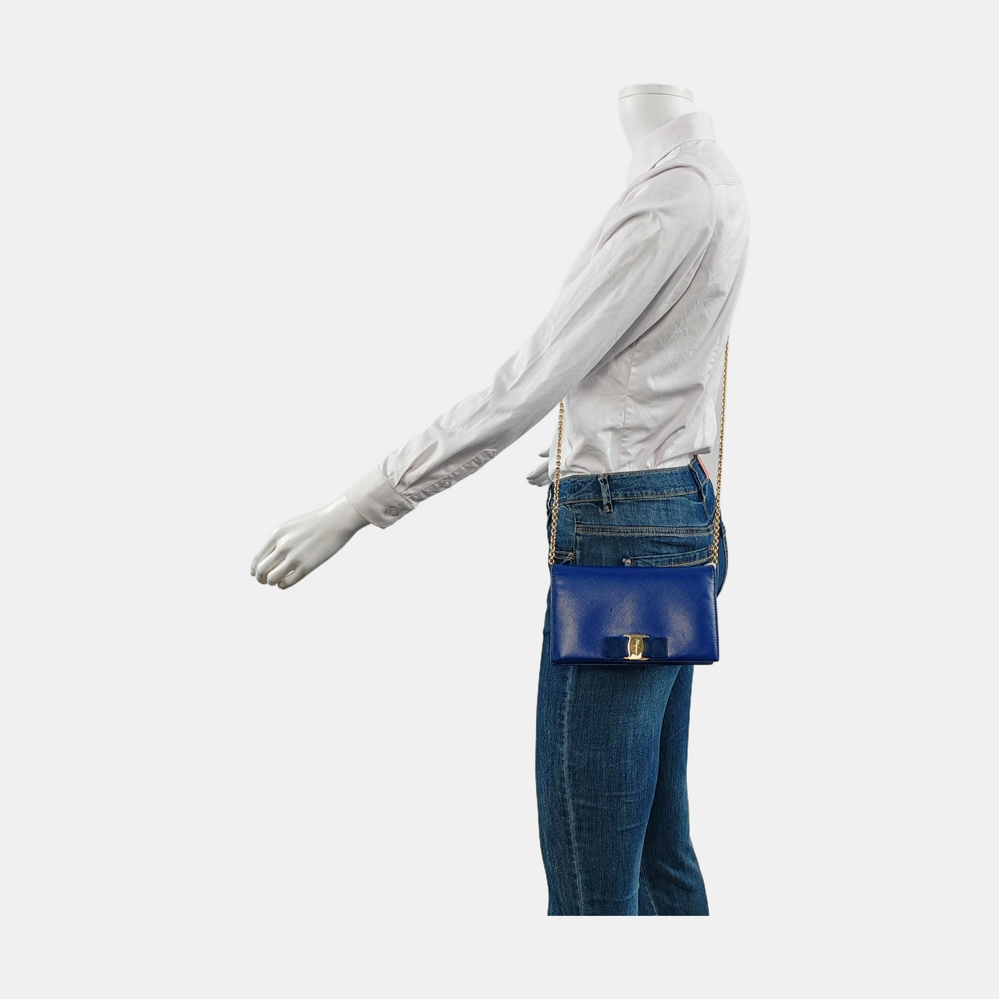 FERRAGAMO Ginny Blue Cowhide Crossbody Bag Golden hardware Removable shoulder strap-(SKU)-952268528