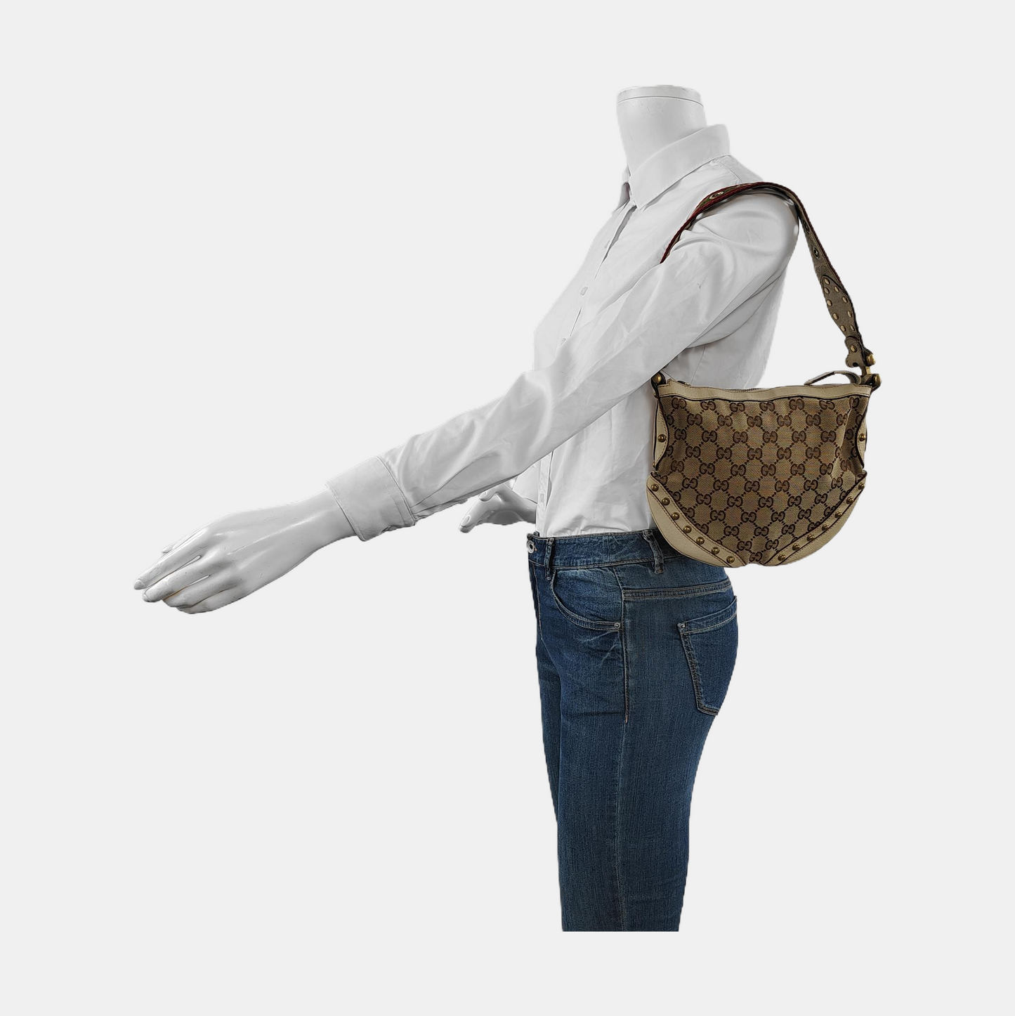 GUCCI Pelham Khaki Fabric Monogram Rivets Shoulder Bag Tote Bag Golden hardware-(SKU)-952072335