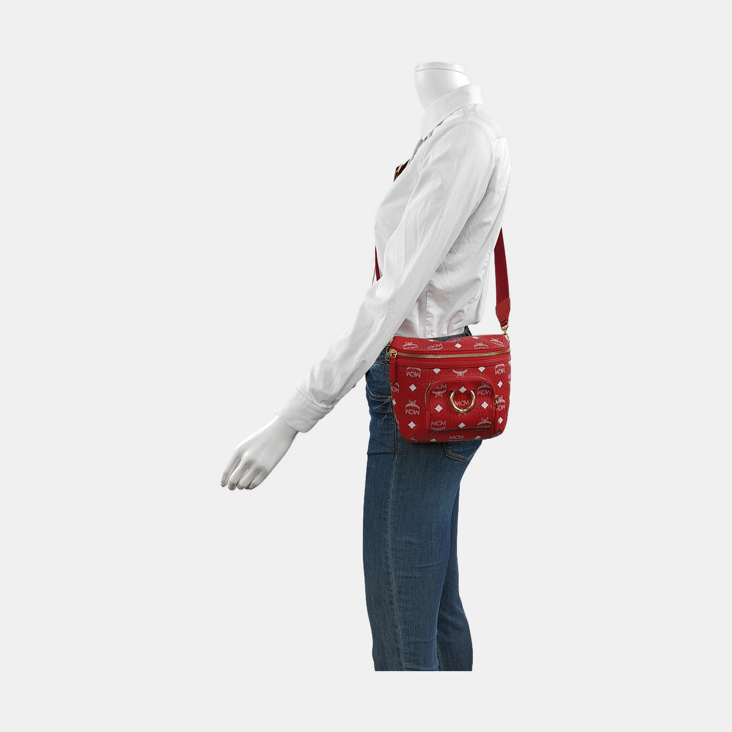 MCM KLASSIK Small size Red Coated Canvas Printed Shoulder Bag Crossbody Golden hardware Removable shoulder strap-(SKU)-952009308
