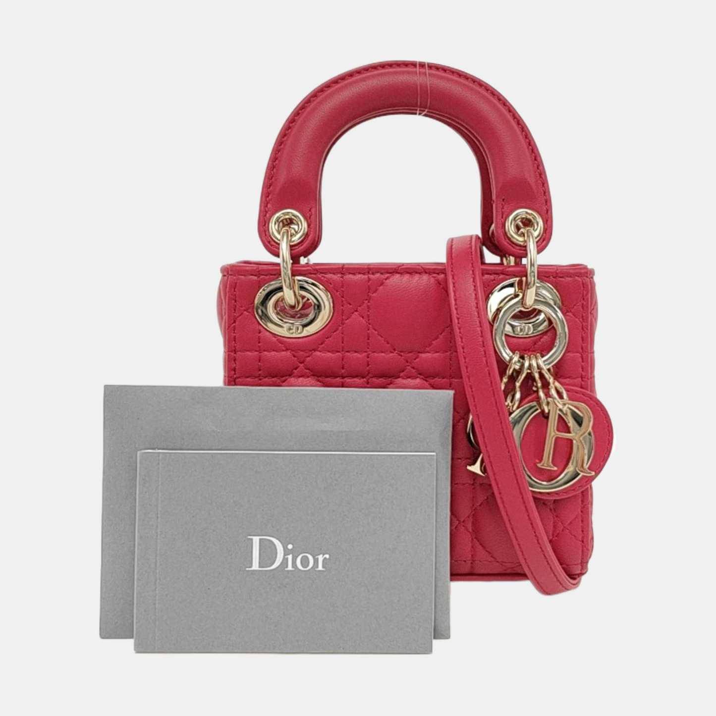 DIOR Lady Dior Super Mini Red Lamb Skin Cannage Embossed Three Compartment Crossbody Shoulder Bag Gold Hardware Removable Strap-(SKU)-952282248