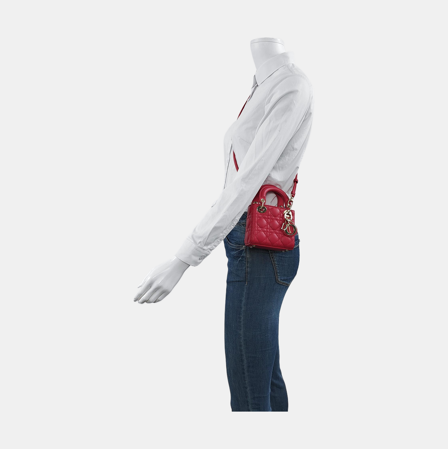 DIOR Lady Dior Super Mini Red Lamb Skin Cannage Embossed Three Compartment Crossbody Shoulder Bag Gold Hardware Removable Strap-(SKU)-952282248