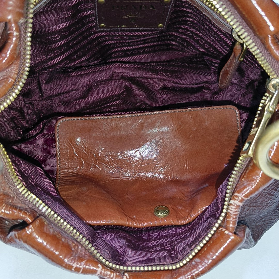 PRADA Medium size Brown Patent Leather Shoulder Bag Golden hardware-(SKU)-944510090