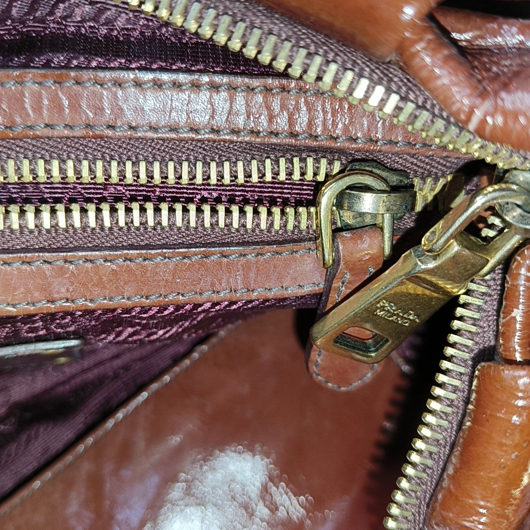 PRADA Medium size Brown Patent Leather Shoulder Bag Golden hardware-(SKU)-944510090