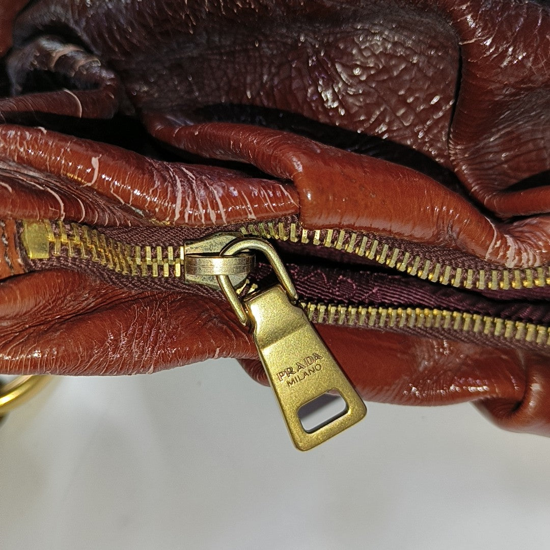 PRADA Medium size Brown Patent Leather Shoulder Bag Golden hardware-(SKU)-944510090