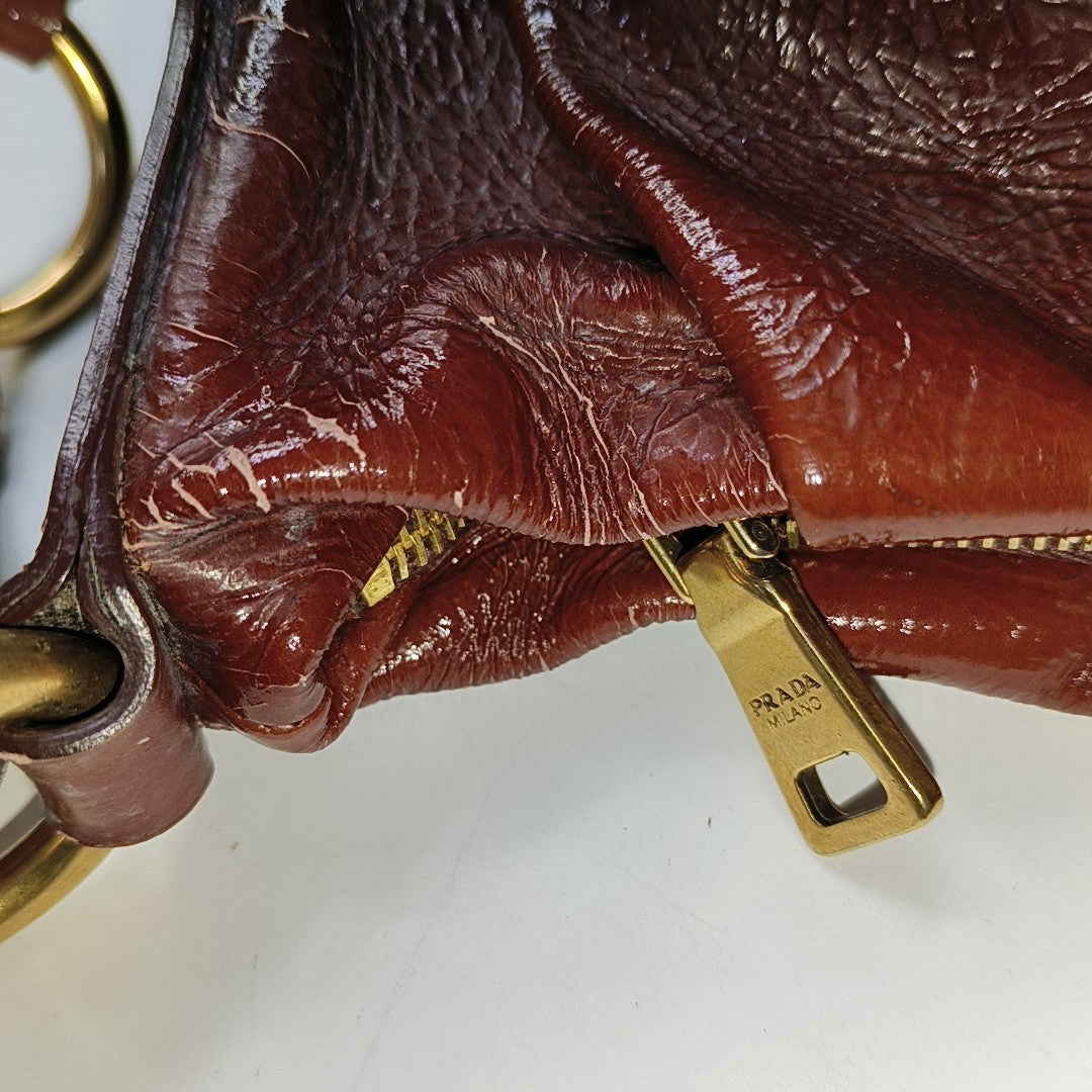 PRADA Medium size Brown Patent Leather Shoulder Bag Golden hardware-(SKU)-944510090