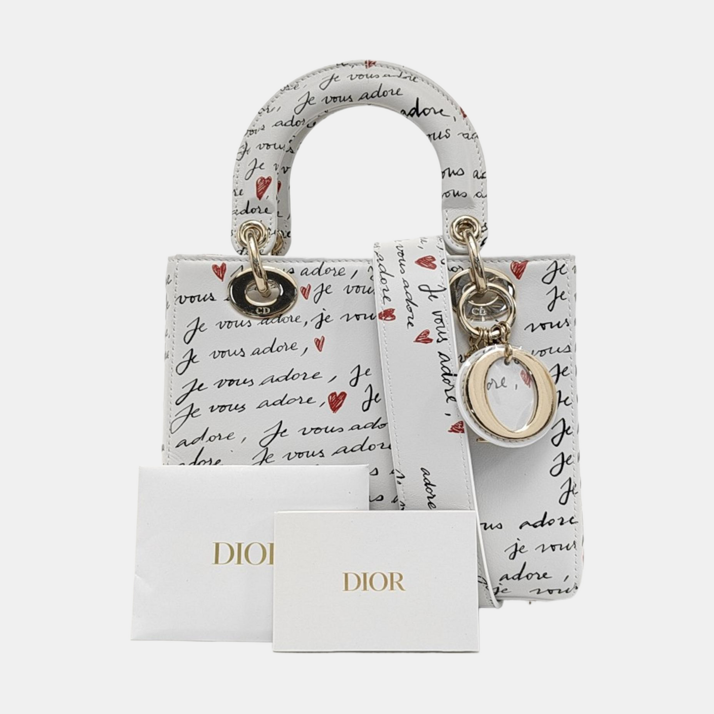 DIOR Lady Dior Small White Calfskin Printed Shoulder Bag Tote Crossbody Bag with Detachable Strap Gold Red Hardware-(SKU)-952283024