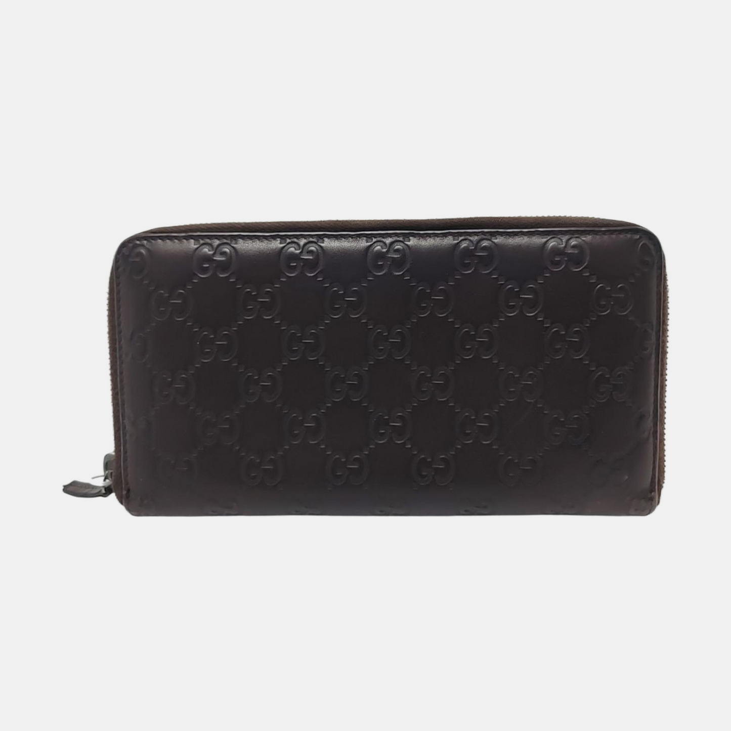 GUCCI Ligne Shima Dark Brown Cowhide Monogrammed Texture Wallet Silver Hardware-(SKU)-946371440
