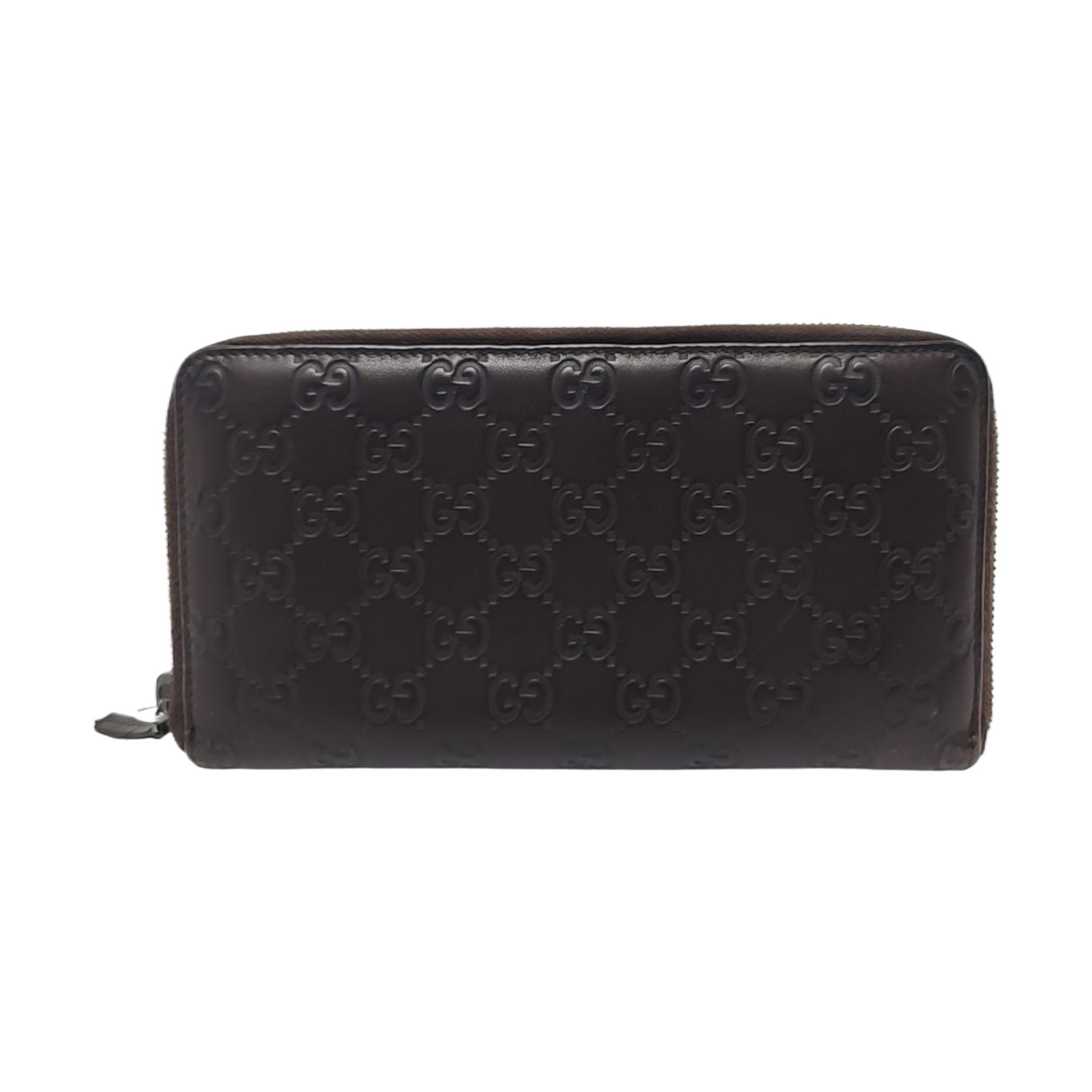 GUCCI Ligne Shima Dark Brown Cowhide Monogrammed Texture Wallet Silver Hardware-(SKU)-946371440