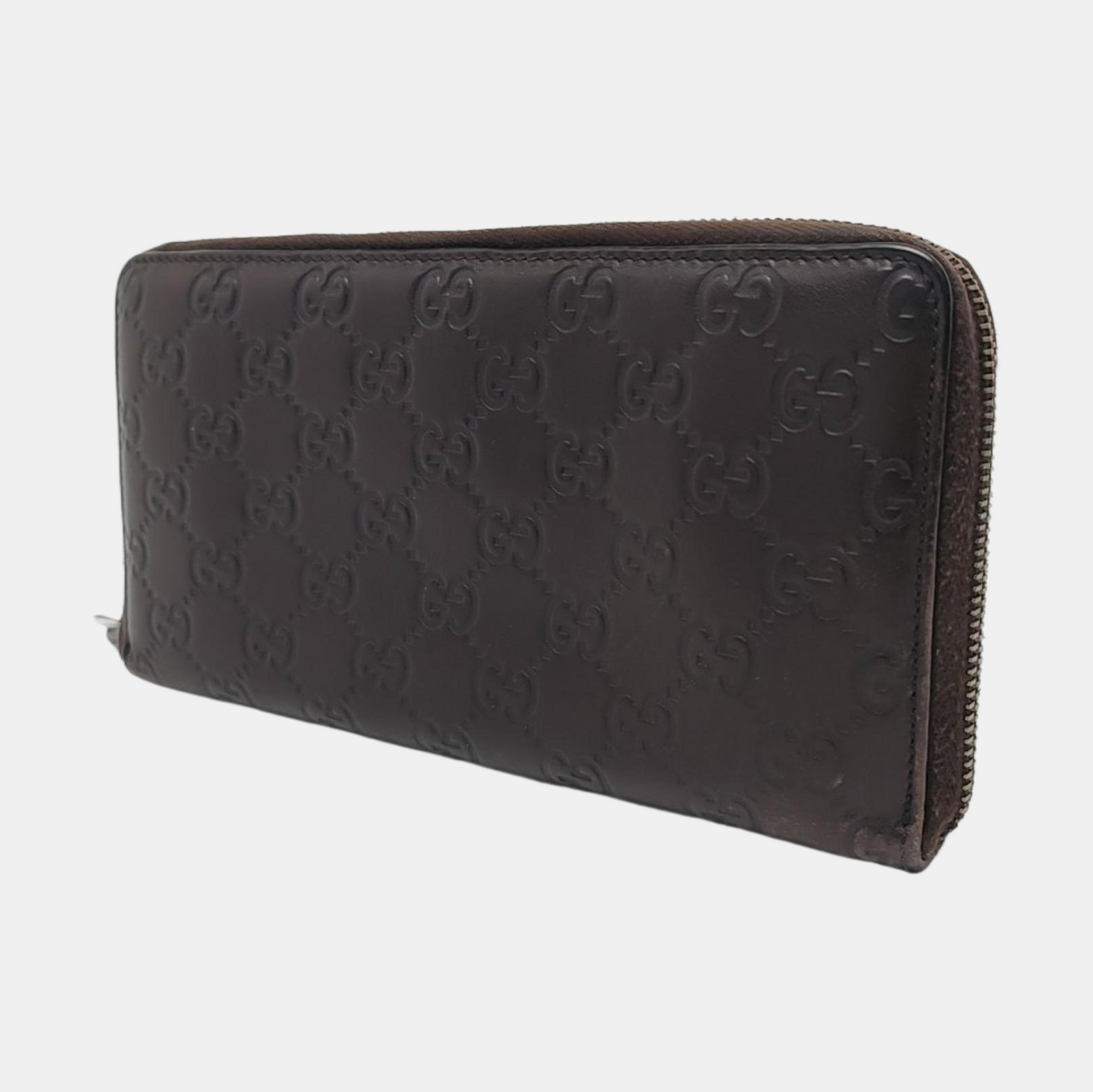 GUCCI Ligne Shima Dark Brown Cowhide Monogrammed Texture Wallet Silver Hardware-(SKU)-946371440