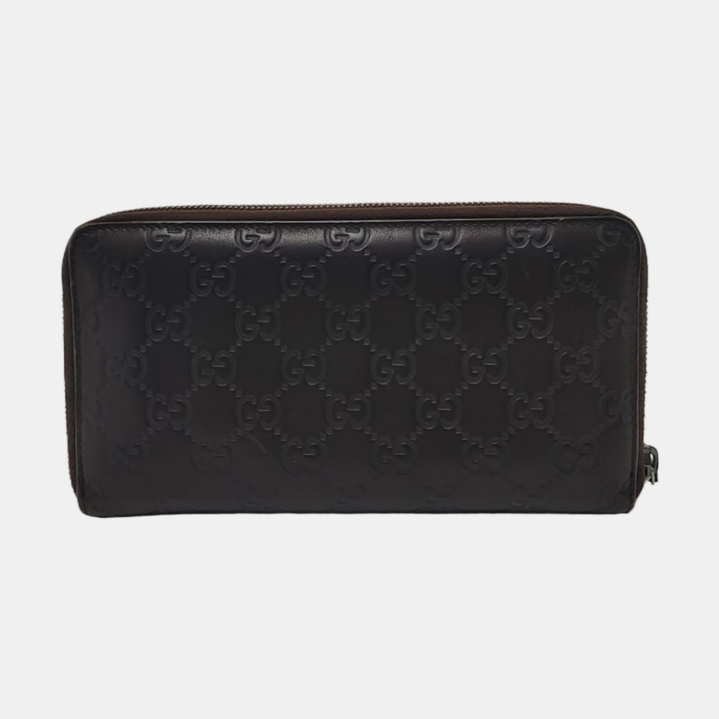 GUCCI Ligne Shima Dark Brown Cowhide Monogrammed Texture Wallet Silver Hardware-(SKU)-946371440