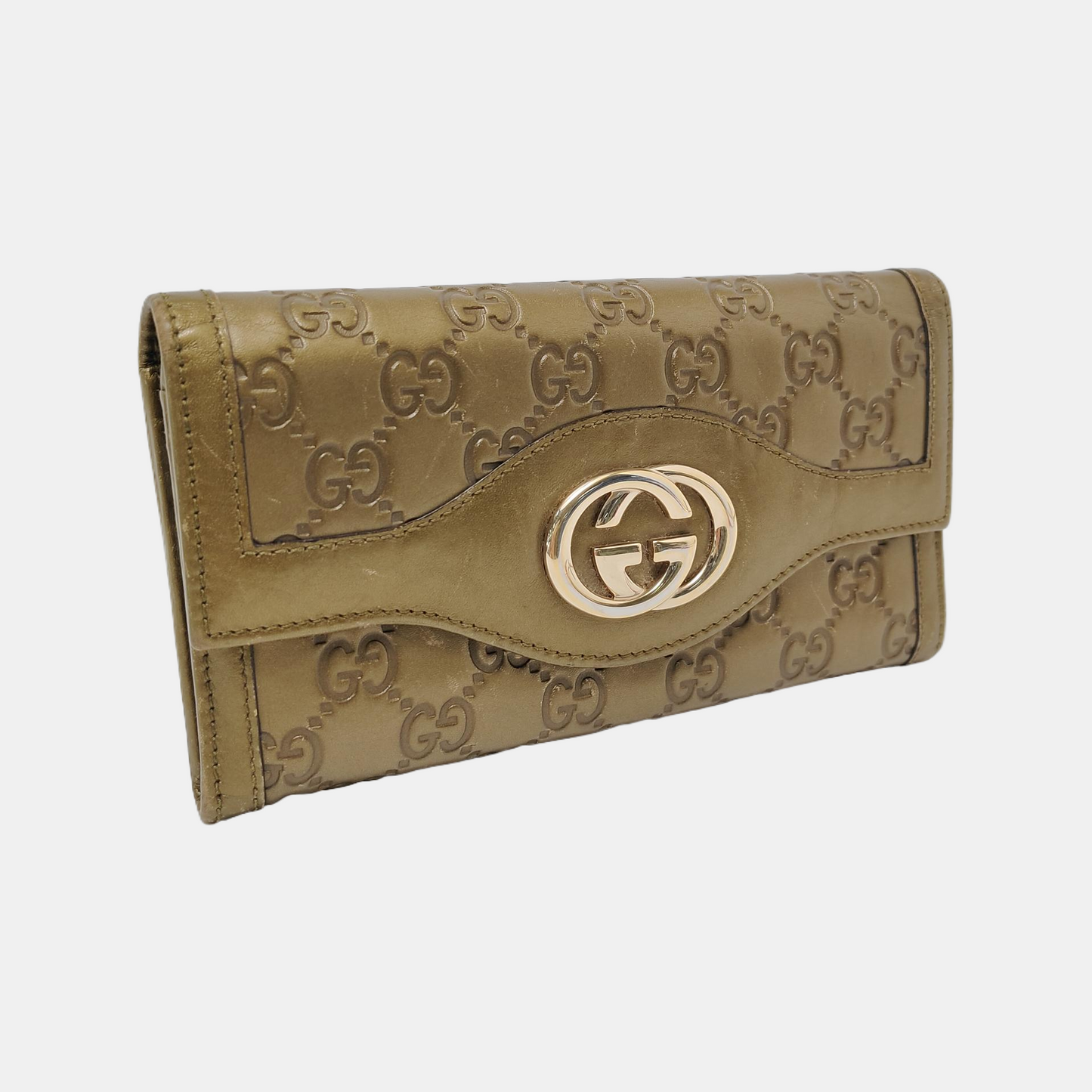GUCCI Yellow-Green Calfskin Monogram Embossed Wallet Golden hardware-(SKU)-949959862