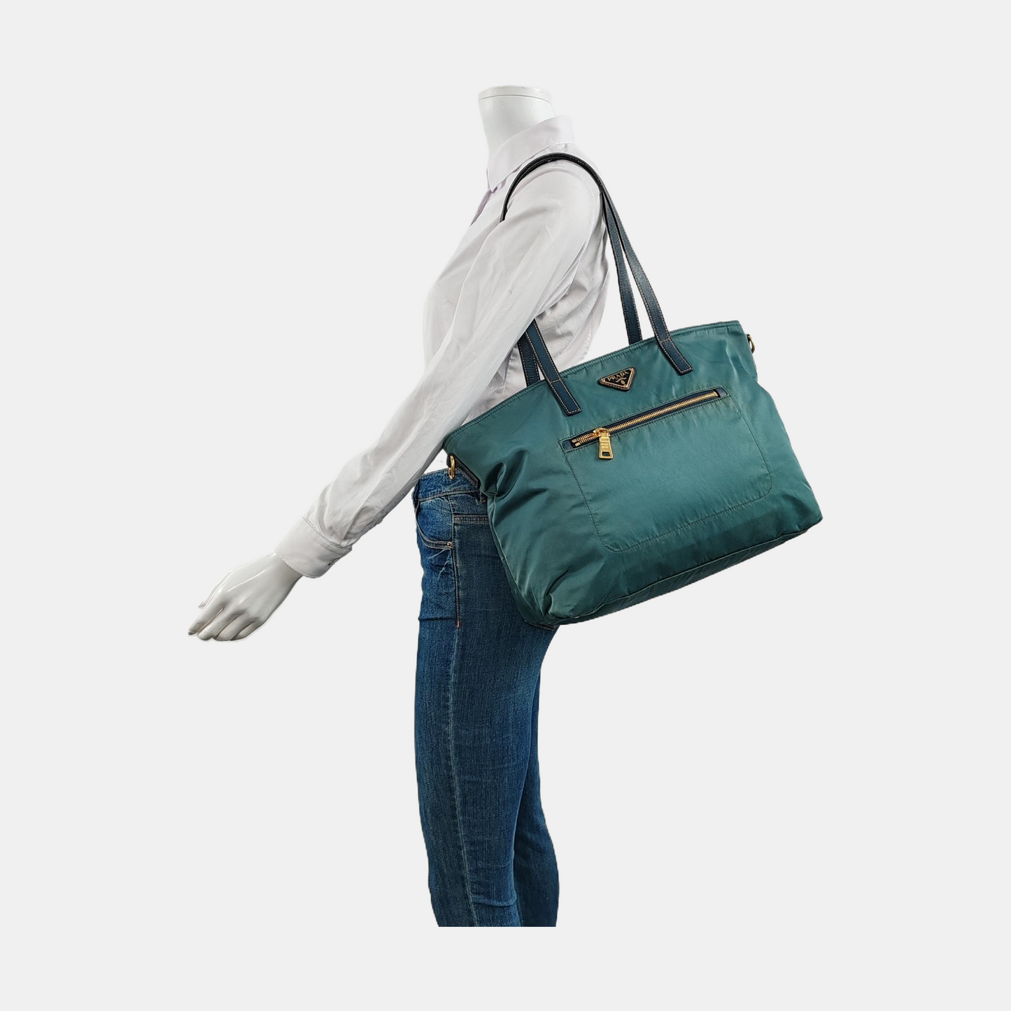 PRADA Tote bag Teal Nylon Logo Single Shoulder Bag, Handbag Golden hardware-(SKU)-952291642