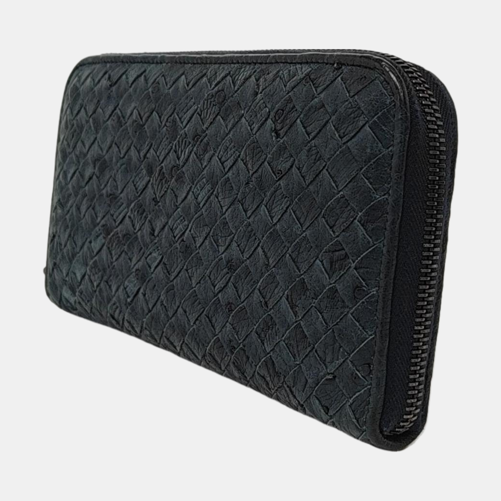 BOTTEGA VENETA Navy Blue Cowhide Braided Wallet Black hardware-(SKU)-952345115