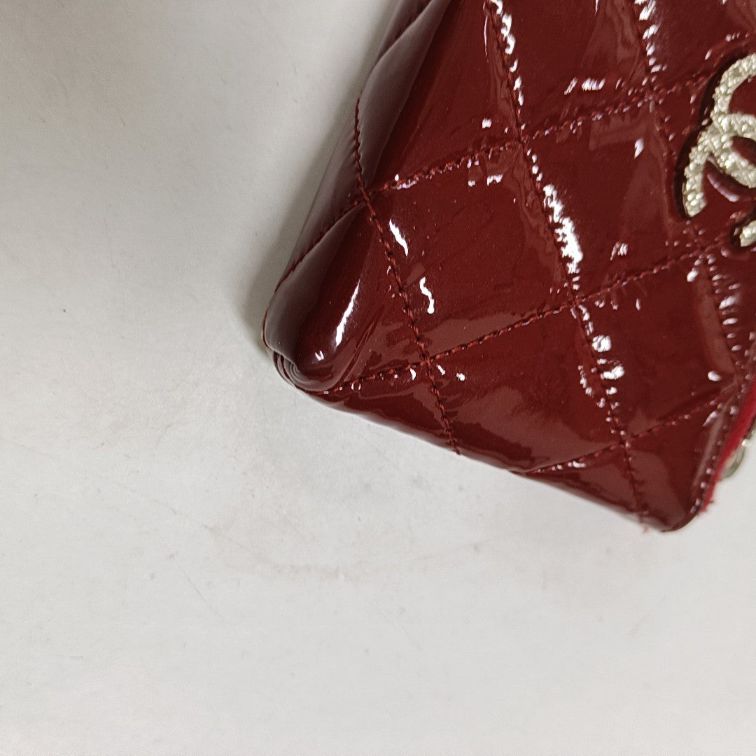CHANEL Red patent leather diamond pattern quilted wallet Silver Hardware 14nan-(SKU)-952345505