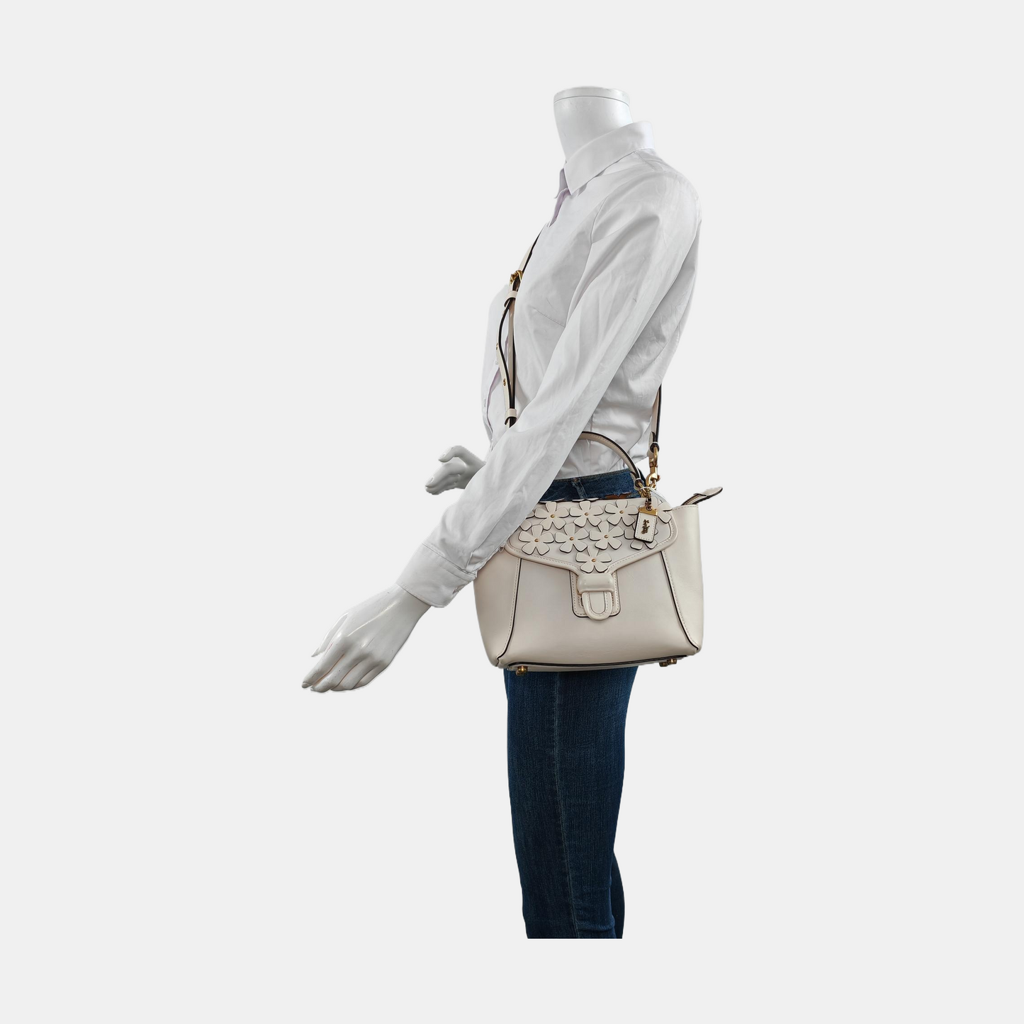 COACH COURIER White leather rivet patchwork single shoulder bag crossbody Golden hardware Removable shoulder strap-(SKU)-13839897
