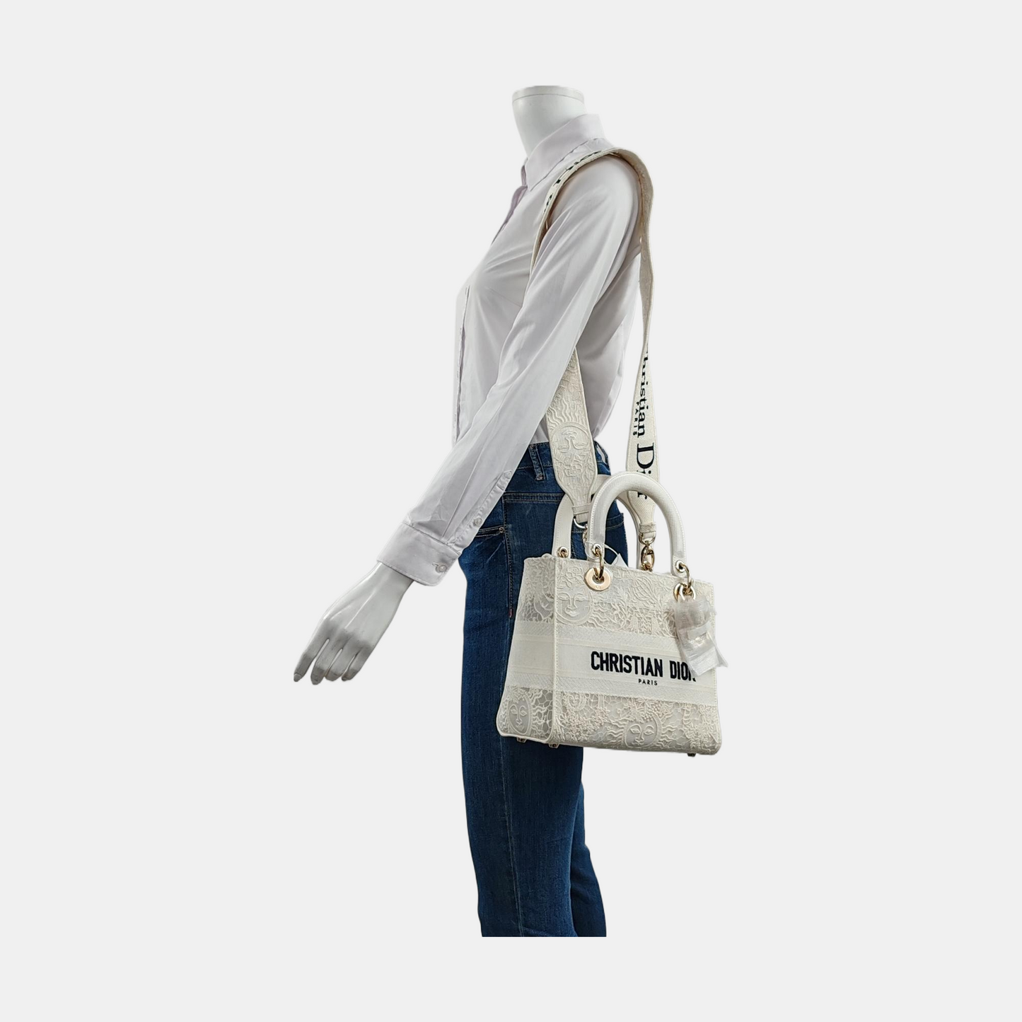 DIOR Lady D-Lite Medium Size White Canvas Embroidered Cutout Crossbody Shoulder Bag with Gold Hardware Removable Shoulder Strap-(SKU)-950358894