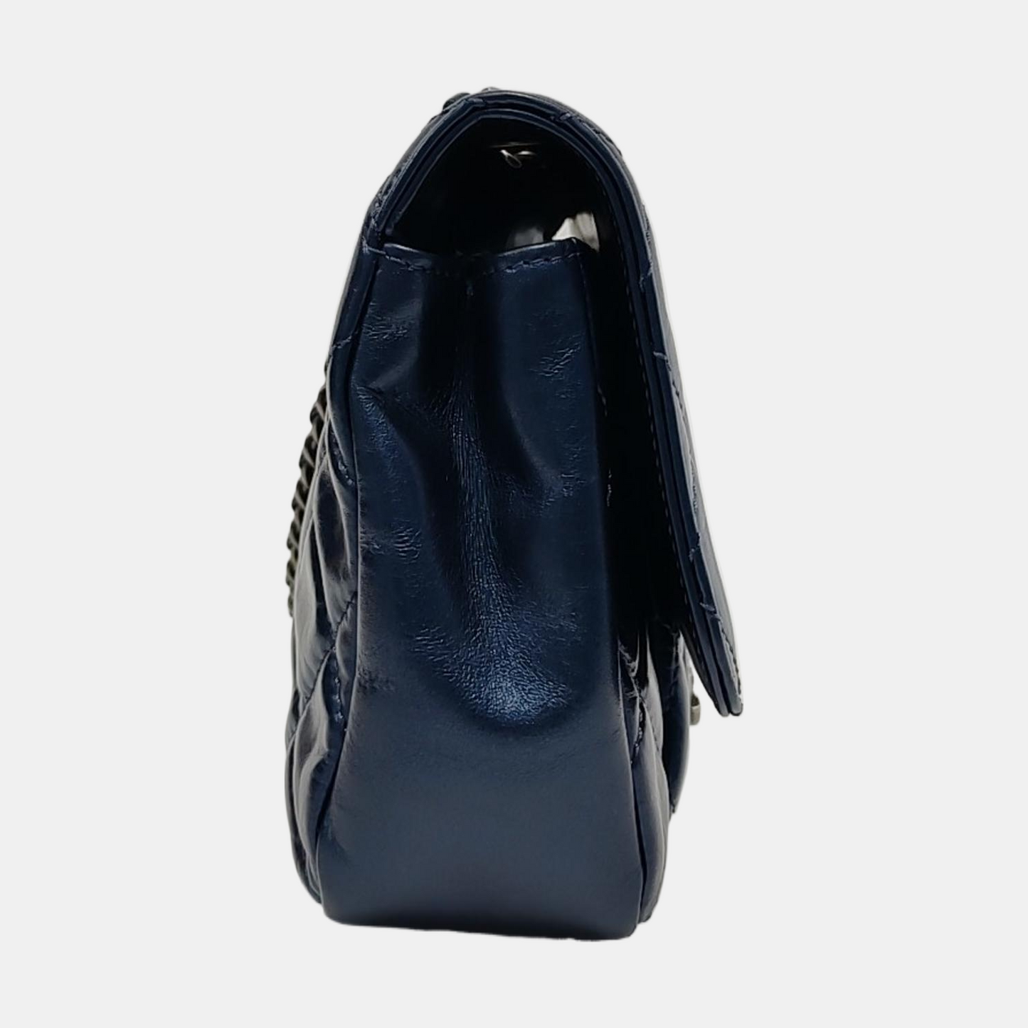CHANEL CLASSIC FLAP Medium Dark Blue Calfskin Quilted Matelassé Shoulder Bag Rutenium Hardware 22 Clasp-(SKU)-946534415