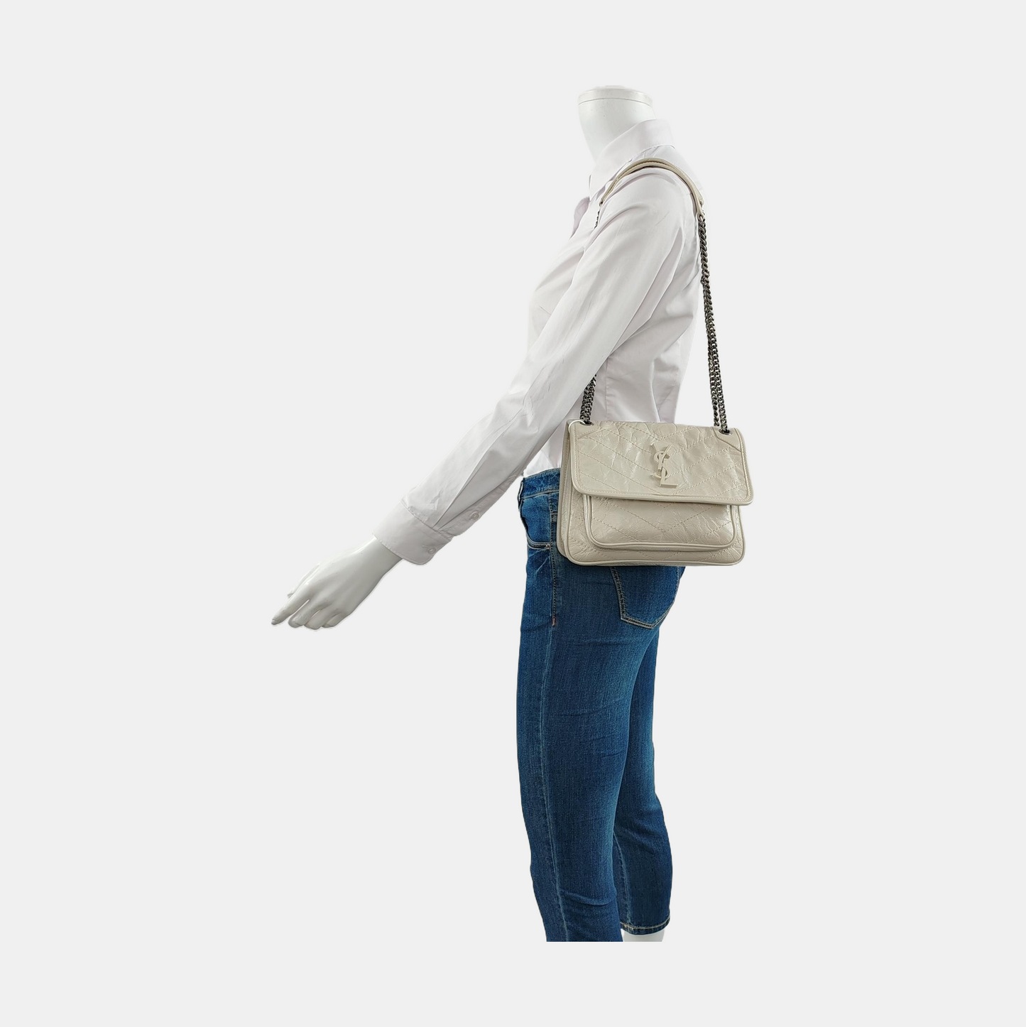 YSL NIKI Small White Calfskin Quilted V-Stripe Shoulder Bag and Crossbody with White Rhodium-Plated Hardware-(SKU)-953133079