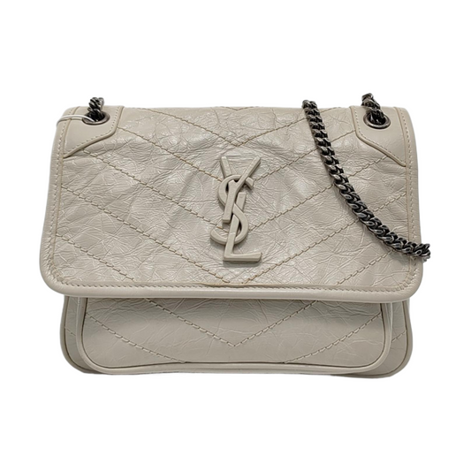 YSL NIKI Small White Calfskin Quilted V-Stripe Shoulder Bag and Crossbody with White Rhodium-Plated Hardware-(SKU)-953133079