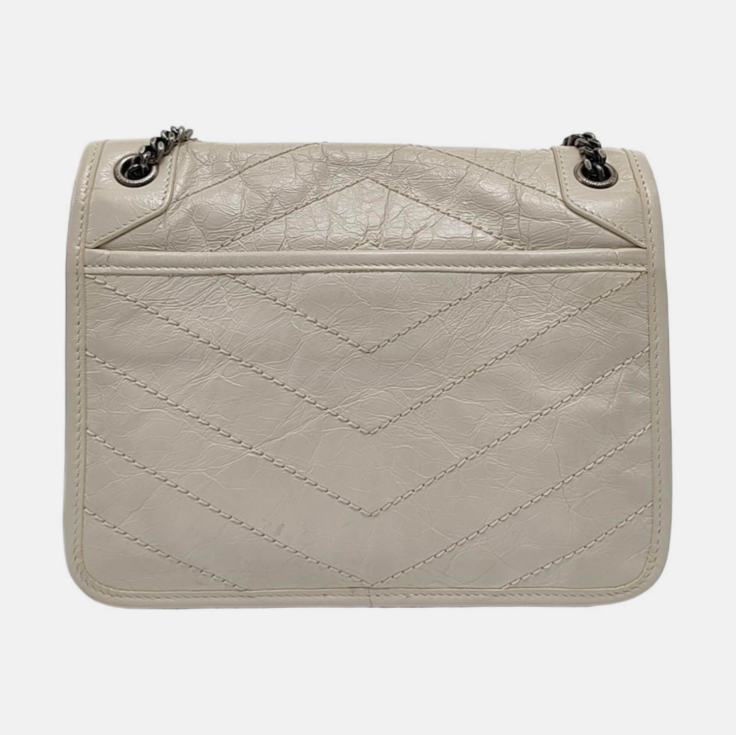 YSL NIKI Small White Calfskin Quilted V-Stripe Shoulder Bag and Crossbody with White Rhodium-Plated Hardware-(SKU)-953133079