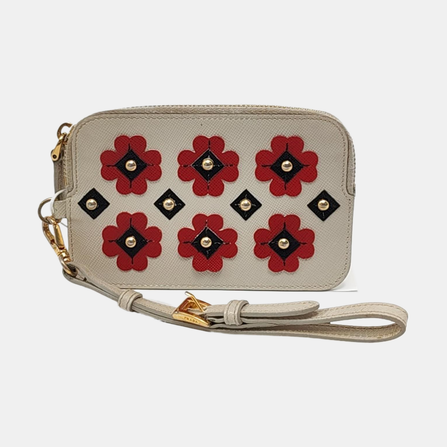 PRADA White Cowhide Stud Embossed Change Purse Golden hardware-(SKU)-953040759
