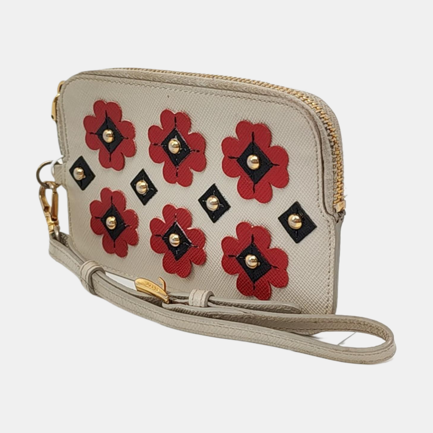 PRADA White Cowhide Stud Embossed Change Purse Golden hardware-(SKU)-953040759