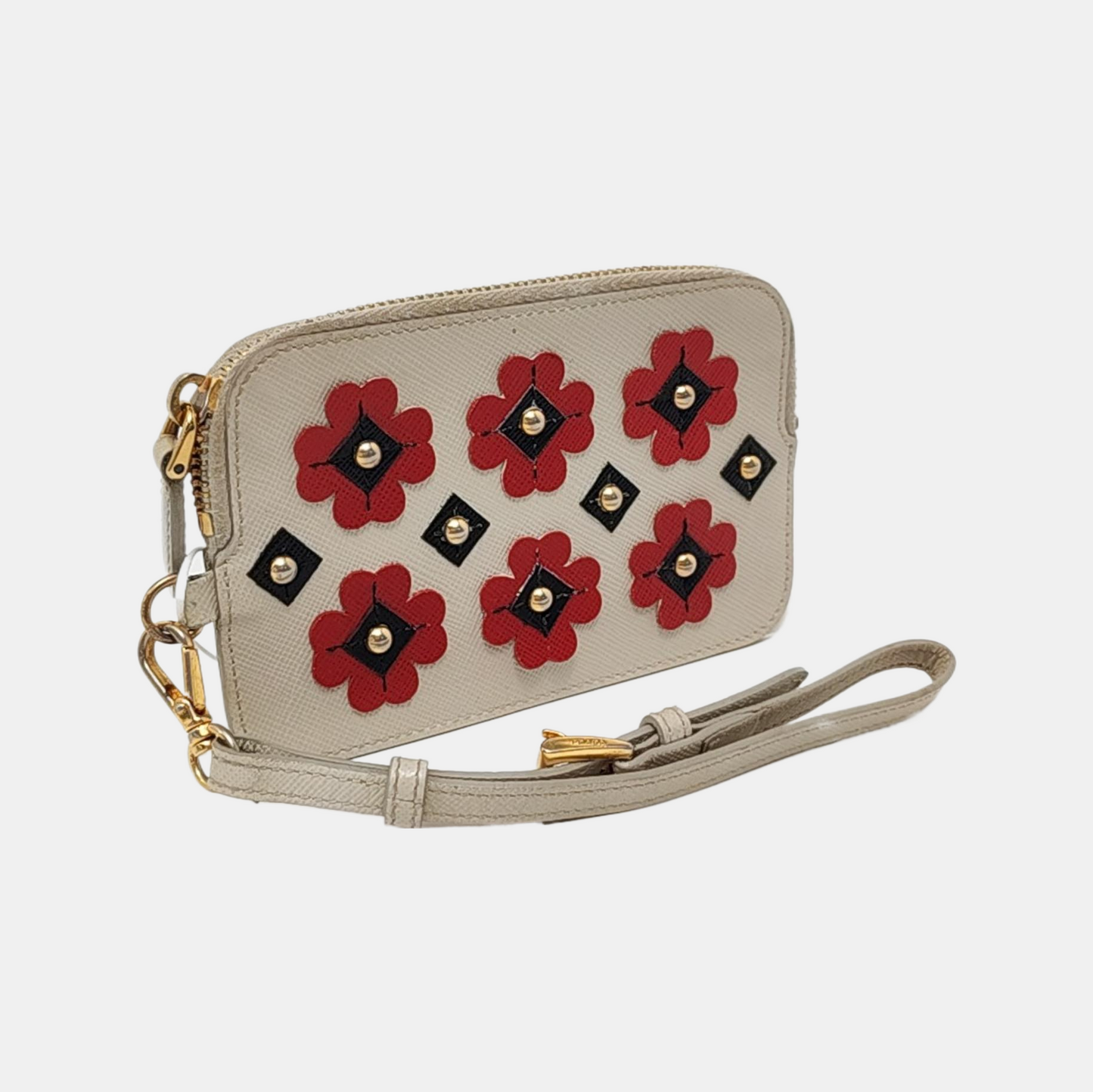 PRADA White Cowhide Stud Embossed Change Purse Golden hardware-(SKU)-953040759
