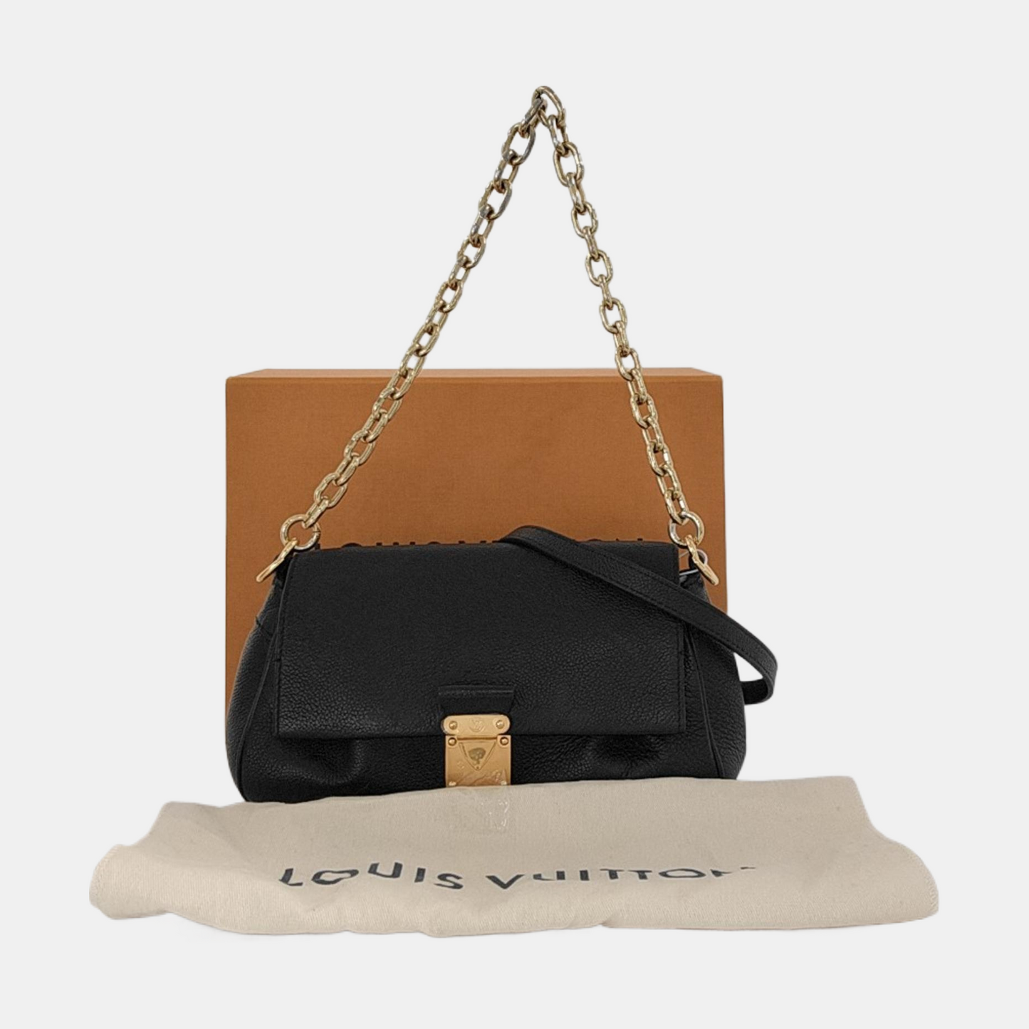 LOUIS VUITTON FAVORITE Black Leather Embossed Shoulder Bag Crossbody Bag 2 Detachable Straps Gold Hardware-(SKU)-953032039