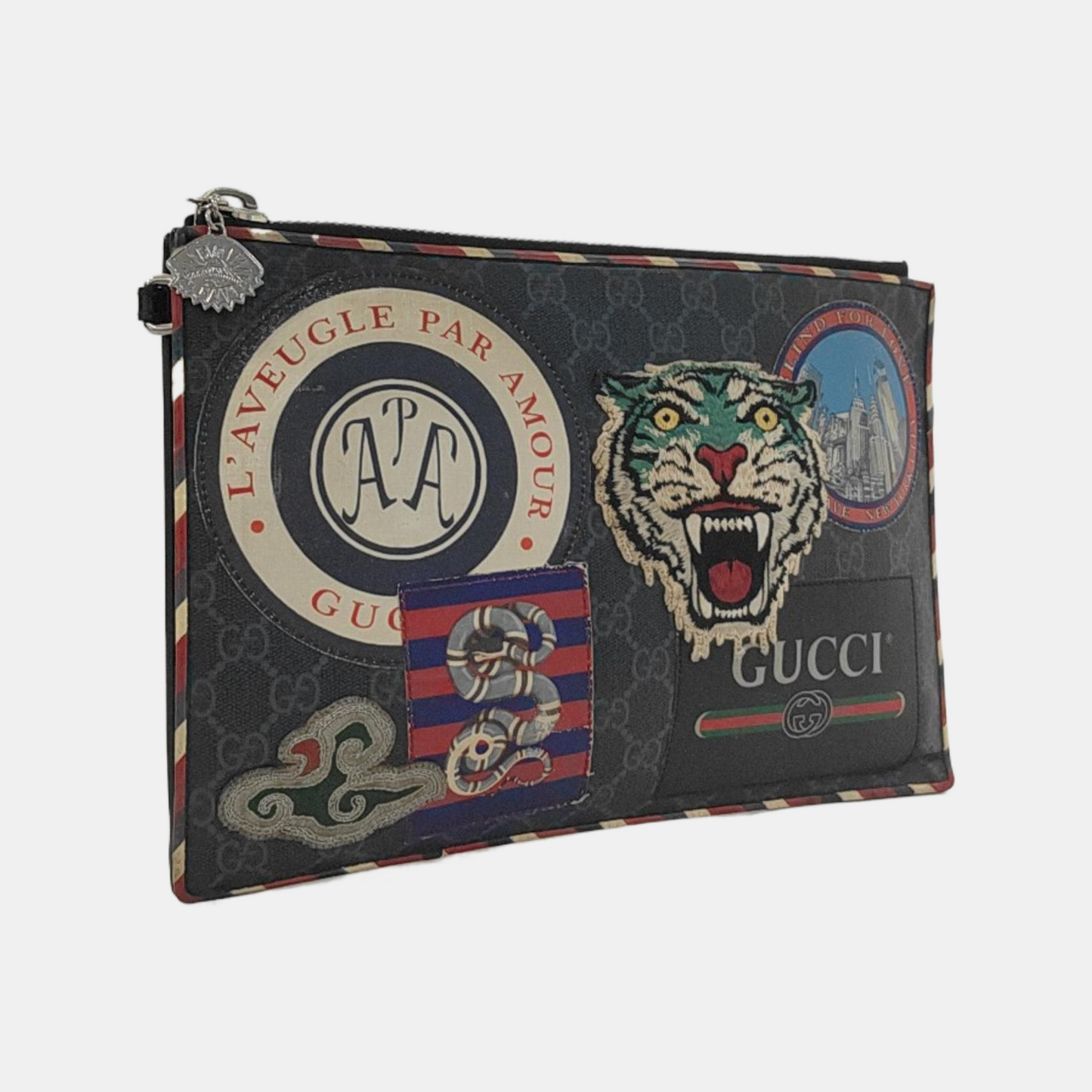 GUCCI Courrier Black Coated Canvas Monogram Embroidered Handbag Silver Hardware-(SKU)-953095633