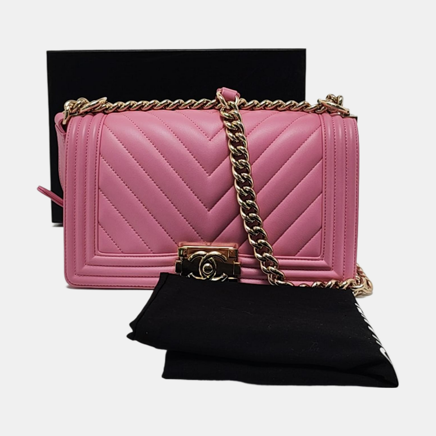 CHANEL BOY CHANEL Medium Size Pink Leather V-Shape Shoulder Bag Crossbody Bag Gold Hardware-(SKU)-953183002