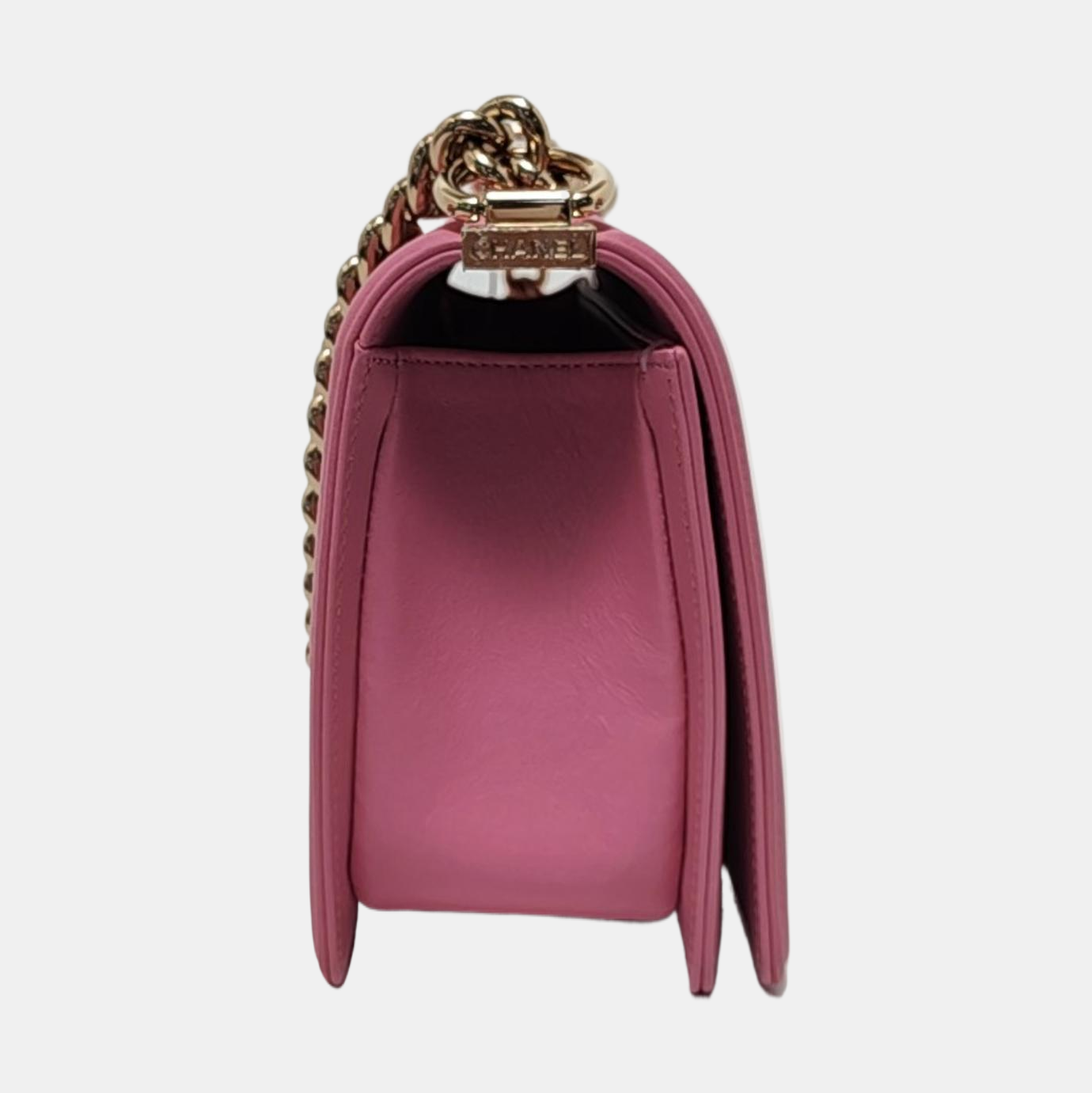 CHANEL BOY CHANEL Medium Size Pink Leather V-Shape Shoulder Bag Crossbody Bag Gold Hardware-(SKU)-953183002