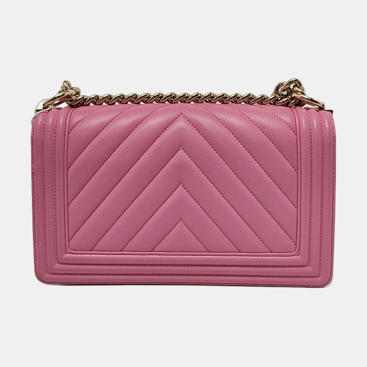 CHANEL BOY CHANEL Medium Size Pink Leather V-Shape Shoulder Bag Crossbody Bag Gold Hardware-(SKU)-953183002