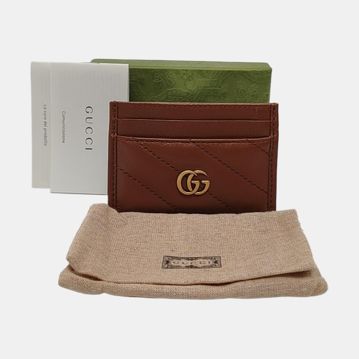 GUCCI GG Marmont Brown Leather Quilted Stripe Card Case Golden hardware Complete Accessories-(SKU)-953444579