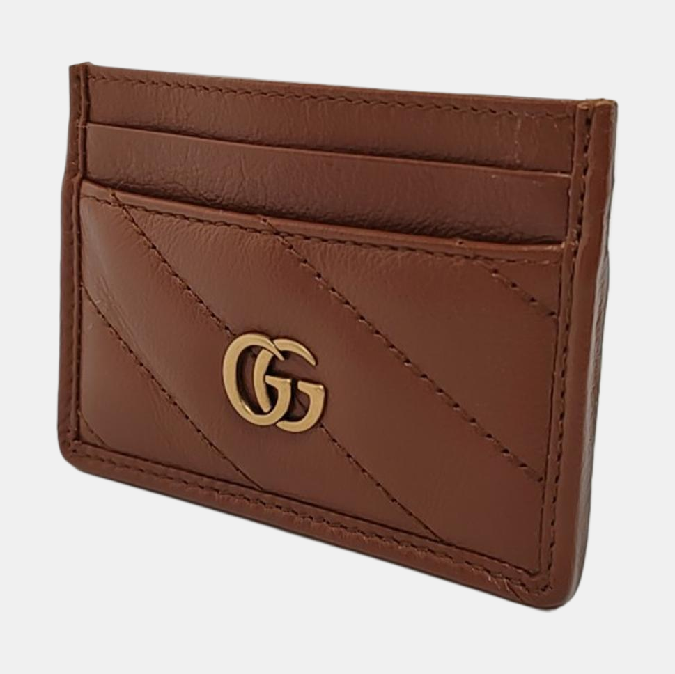 GUCCI GG Marmont Brown Leather Quilted Stripe Card Case Golden hardware Complete Accessories-(SKU)-953444579