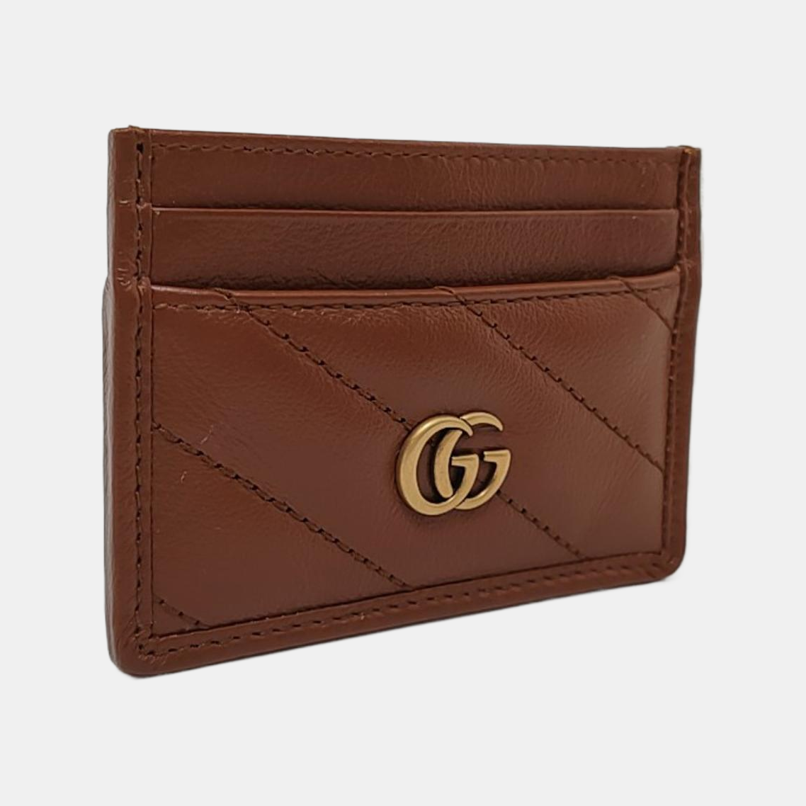 GUCCI GG Marmont Brown Leather Quilted Stripe Card Case Golden hardware Complete Accessories-(SKU)-953444579