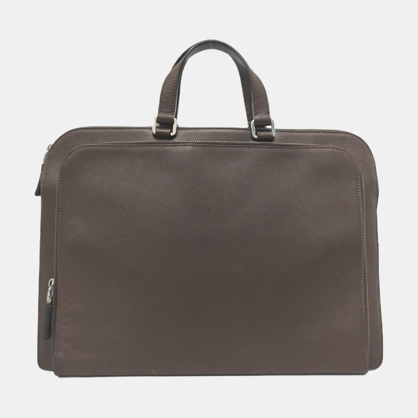 PRADA Dark Brown Cowhide Logo Crosshatch Handbag Silver Hardware-(SKU)-953376928