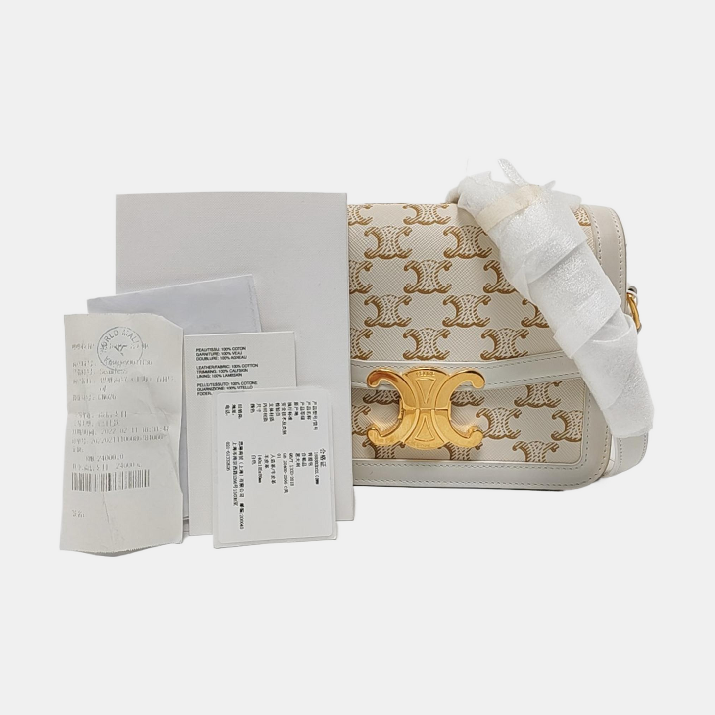CELINE TRIOMPHE Small White Coated Canvas Triomphe Crossbody Single Shoulder Bag with Gold Hardware-(SKU)-953576570