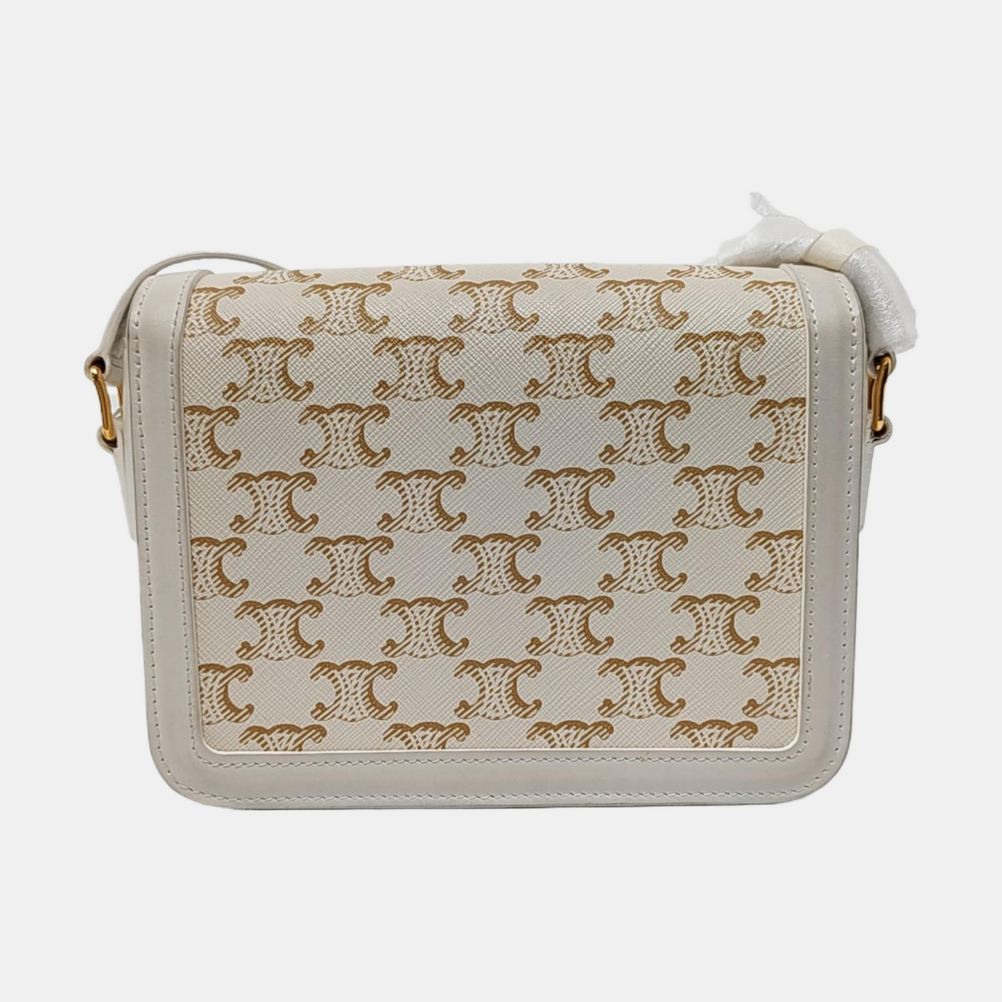 CELINE TRIOMPHE Small White Coated Canvas Triomphe Crossbody Single Shoulder Bag with Gold Hardware-(SKU)-953576570