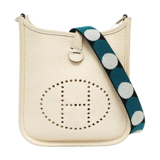 HERMÈS Evelyne Mini Cream Clemence Leather Cutout Evelyne Shoulder Bag Crossbody Bag with Silver Hardware and Z, Detachable Shoulder Strap-(SKU)-947690119