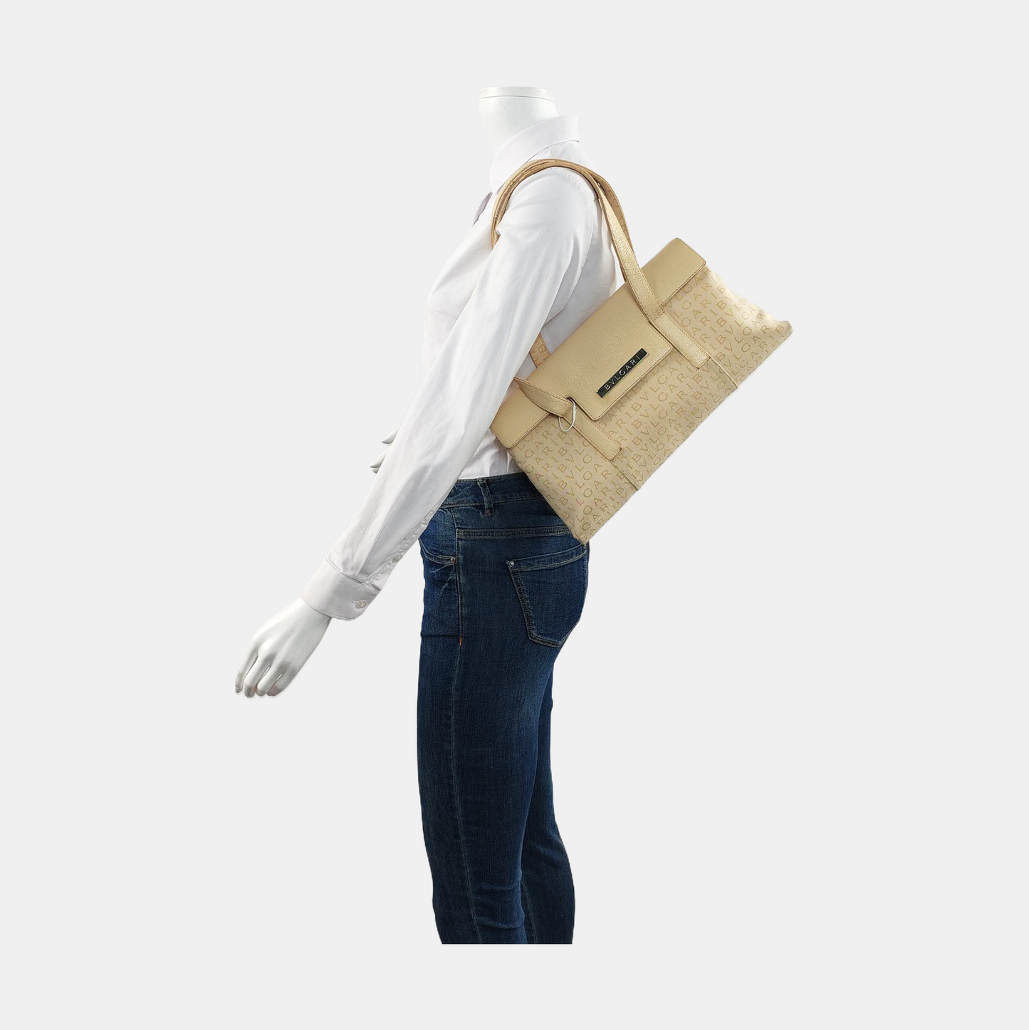 BVLGARI LA MANIE DES LOGOS Beige Canvas Floral Handbag Single Shoulder Bag Silver Hardware-(SKU)-954098204