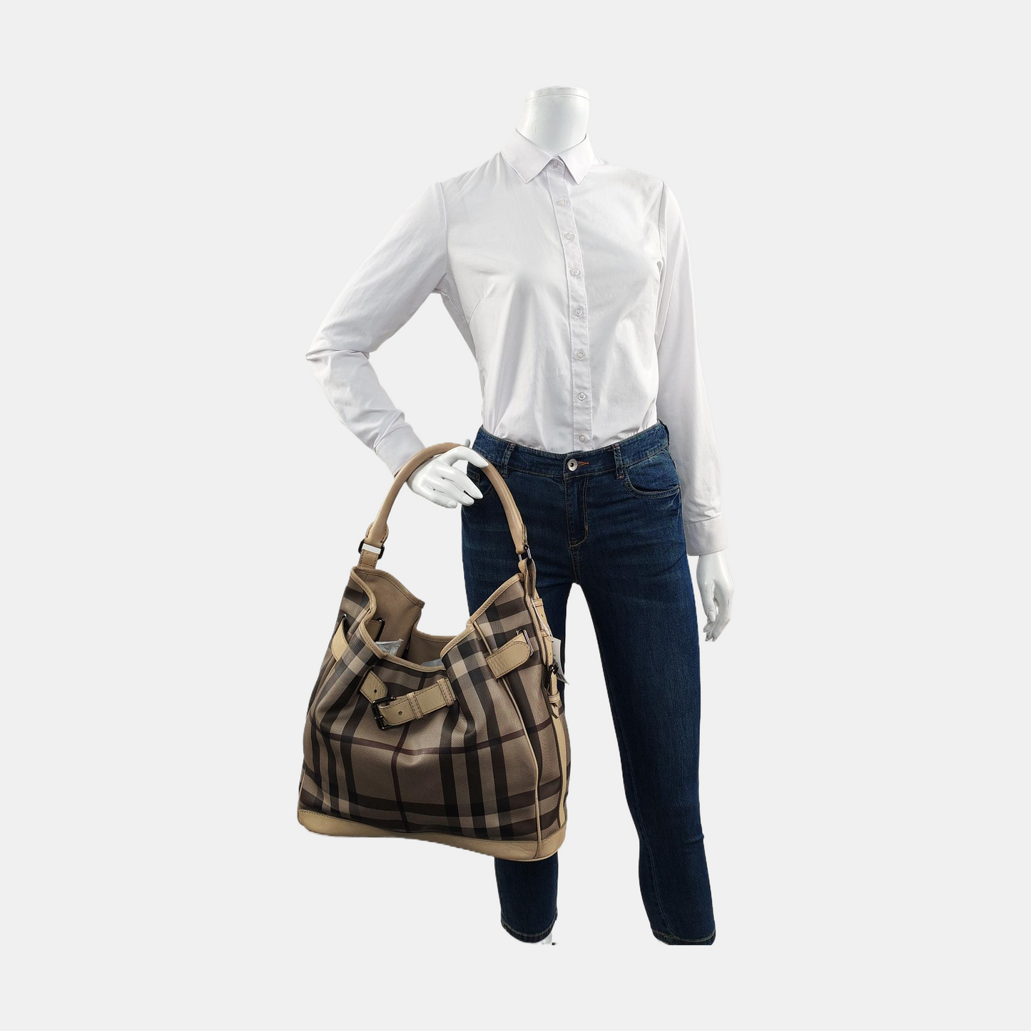 BURBERRY Smoked Check Medium size Light Gray Coated Canvas Shoulder Bag Tote Ruthenium color hardware Removable shoulder strap-(SKU)-951094751