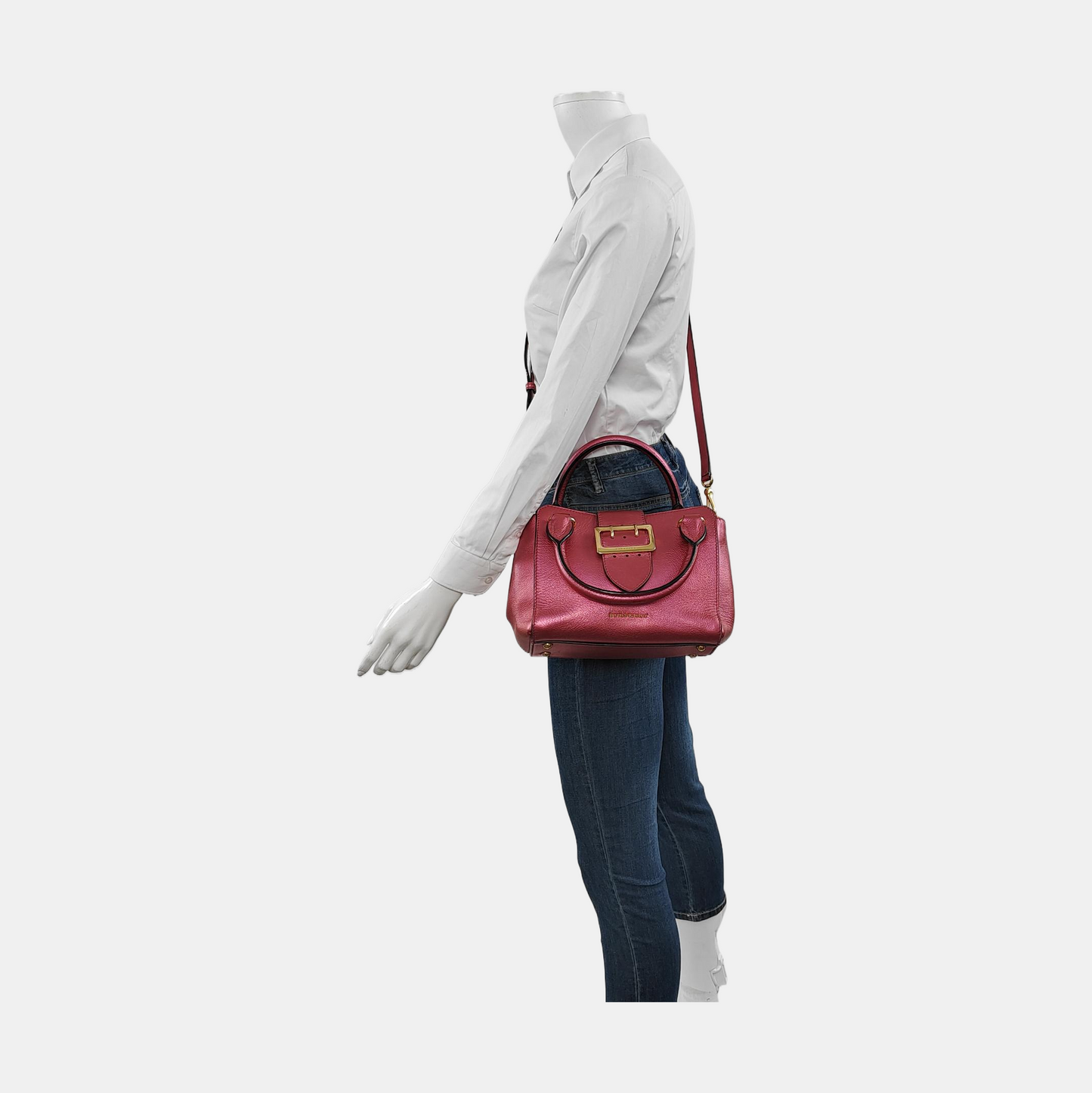 BURBERRY Buckle Fuchsia Leather Shoulder Tote Crossbody Bag Golden hardware Removable shoulder strap-(SKU)-954093592