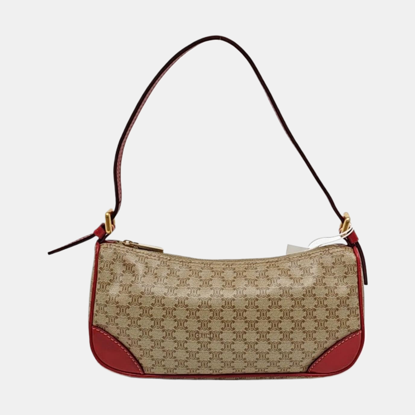 CELINE Khaki Coated Canvas Triumph Grained Shoulder Bag Handbag Golden hardware-(SKU)-942940158